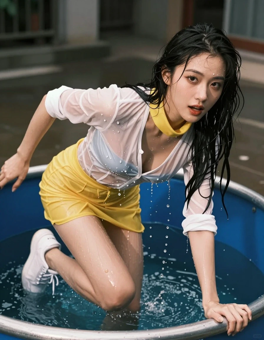 photo of young woman, in soaking wet, drenched clothes,
white sneakers, stay-up stockings , skort yellow neckholder dress, dunk tank, 
enjoying, wet clothes stuck to body,
detailed textures of the wet clothes, wet face, wet plastered hair,
wet, drenched, professional, high-quality details, full body view.
sharp focus, ultra-high pixel detail, realistic, high-quality, full colors, incredibly detailed, 4k, 8k, 16k, hyper-realistic, RAW photo, masterpiece, ultra-detailed, professionally color graded, professional photograph, a woman climbs out of a water filled dunktank in an erotic  tv schow. all clothes are dripping wet 
she look very cheeky towards the camera. her long black hair is very wet and water is dripping down to the dunktank. she is a european 20 year old woman, wet skin, wet clothes, damp fabric