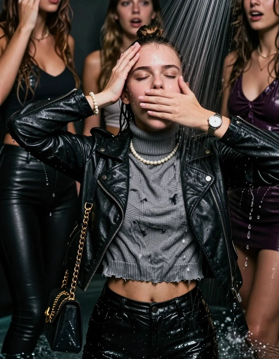 photo of young woman, in soaking wet, drenched clothes,
, Black leatherleggings , Biker leatherjacket, grey knit turtleneck sweater belly free, handbag, pearl necklace, bracelet, wristwatch, Orgasm Under the shower, strong jet of water, at a Night Club , 
enjoying, wet clothes stuck to body,
detailed textures of the wet clothes, wet face, wet plastered hair,
wet, drenched, professional, high-quality details, full body view.
sharp focus, ultra-high pixel detail, realistic, high-quality, full colors, incredibly detailed, 4k, 8k, 16k, hyper-realistic, RAW photo, masterpiece, ultra-detailed, professionally color graded, professional photograph, Topknot

 15 years old  school girl and her female  friends

Only head and shoulders are over the surface visible. Looking up. Open mouth, closed eyes. Hands on her forehead. Her mouth is covered by her friends Hand.

The girls wear different clothes.

she is completely underwater up to her neck, surprised and astonished expression. 

her clothing is soaking wet and clinging tightly to her skin, showing heavy wet folds, darkened fabric texture, and deep water-saturated Patches, her clothes are heavy from the water, water runs from her body and her clothes in streams. A lot of water also runs out of her clothes. Her clothes are darkened by the water. Her submerged clothes are good visible under the water.  she soaked her handbag into the water.

close up view, wet skin, wet clothes, wet hair, damp fabric, water runs down the clothes, wet skin, wet clothes, damp fabric. cinematic medium shot, hyper-realistic wetness, high-contrast water sheen, sharp focus, 16k resolution, professional photography, realistic water physics., wet skin, wet clothes, damp fabric, wet skin, wet clothes, damp fabric, wet skin, wet clothes, damp fabric, wet skin, wet clothes, damp fabric, wet skin, wet clothes, damp fabric, wet skin, wet clothes, damp fabric