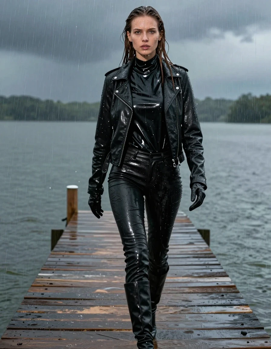 A photorealistic full-body shot of a young adult European woman with long, dripping wet brown hair, walking along a wooden pier at a lake during a heavy downpour. She is wearing an oversize black vinyl turtleneck shirt with a high-gloss wet sheen, a black biker leather jacket, and black leather jeans that are heavily soaked, clinging to her legs with visible water-darkened patches and glossy highlights on the folds. She wears black leather knee-high boots and matching leather gloves on both hands. Her skin is drenched, with water droplets trickling down her face and neck, and her clothes are saturated, heavy, and clinging to her frame. The environment features a dark, moody lake in the background under a stormy sky, with rain-slicked wood planks reflecting the ambient light. High-detail photography, sharp focus on texture, water sheen, wet fabric weight, cinematic lighting, no nudity, clean anatomy, realistic proportions.