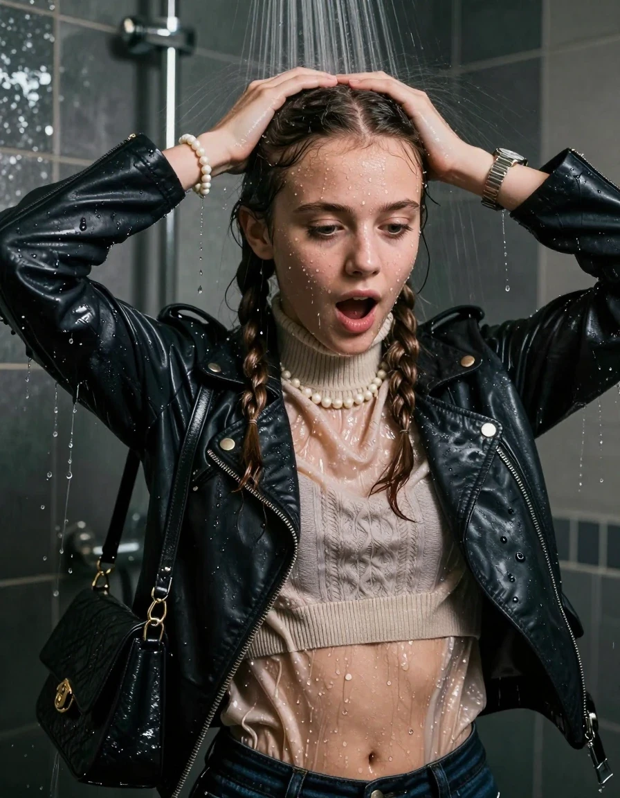 photo of young woman, in soaking wet, drenched clothes,
, , Biker leatherjacket, knit turtleneck sweater belly free, handbag, pearl necklace, bracelet, wristwatch, Under the shower, strong jet of water, party room, 
enjoying, wet clothes stuck to body,
detailed textures of the wet clothes, wet face, wet plastered hair,
wet, drenched, professional, high-quality details, full body view.
sharp focus, ultra-high pixel detail, realistic, high-quality, full colors, incredibly detailed, 4k, 8k, 16k, hyper-realistic, RAW photo, masterpiece, ultra-detailed, professionally color graded, professional photograph, Two long braids 

 15 years old  school girl

Only head and shoulders are over the surface visible. Open mouth, big eyes. Looking down. Hold her hands ober her head.

The girls wear different clothes.

she is completely underwater up to her neck, surprised and astonished expression. 

her clothing is soaking wet and clinging tightly to her skin, showing heavy wet folds, darkened fabric texture, and deep water-saturated Patches, her clothes are heavy from the water, water runs from her body and her clothes in streams. A lot of water also runs out of her clothes. Her clothes are darkened by the water. Her submerged clothes are good visible under the water.  she soaked her handbag into the water.

close up view, wet skin, wet clothes, wet hair, damp fabric, water runs down the clothes, wet skin, wet clothes, damp fabric. cinematic medium shot, hyper-realistic wetness, high-contrast water sheen, sharp focus, 16k resolution, professional photography, realistic water physics., wet skin, wet clothes, damp fabric, wet skin, wet clothes, damp fabric, wet skin, wet clothes, damp fabric, wet skin, wet clothes, damp fabric, wet skin, wet clothes, damp fabric