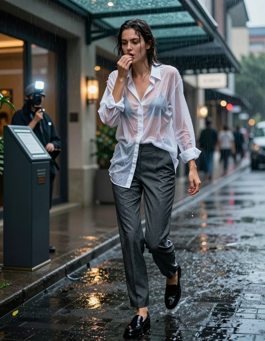photo of young woman, in soaking wet, drenched clothes,
black leather loafers soaked with dark puddles, slim-fit charcoal grey wool trousers clinging to skin, sheer white oversized button-down shirt drenched and transparent, under the glowing glass canopy of an upscale hotel driveway at night, 
enjoying, wet clothes stuck to body,
detailed textures of the wet clothes, wet face, wet plastered hair,
wet, drenched, professional, high-quality details, full body view.
sharp focus, ultra-high pixel detail, realistic, high-quality, full colors, incredibly detailed, 4k, 8k, 16k, hyper-realistic, RAW photo, masterpiece, ultra-detailed, professionally color graded, professional photograph, woman shielding her face from a heavy rainstorm while rushing toward a valet stand, fabric clinging to frame, high-speed flash photography, candid paparazzi style, wide-angle cinematic framing, rain droplets suspended in air, hyper-realistic textures, vibrant ambient neon reflections, sharp focus., wet skin, wet clothes, damp fabric