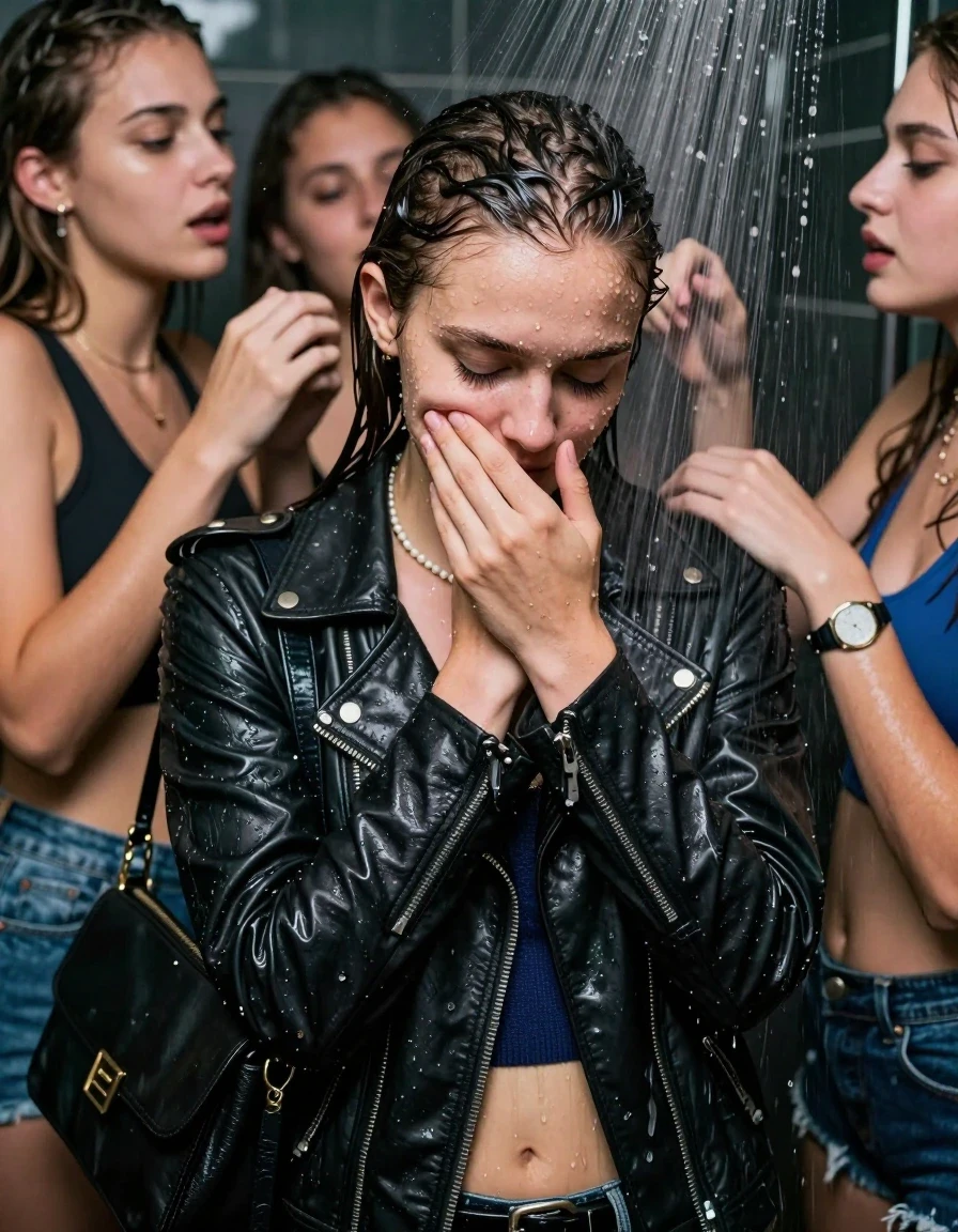photo of young woman, in soaking wet, drenched clothes,
, , Biker leatherjacket, sweater belly free, shoulderbag, pearl necklace, bracelet, wristwatch, Orgasm Under the shower, strong jet of water, party room, 
enjoying, wet clothes stuck to body,
detailed textures of the wet clothes, wet face, wet plastered hair,
wet, drenched, professional, high-quality details, full body view.
sharp focus, ultra-high pixel detail, realistic, high-quality, full colors, incredibly detailed, 4k, 8k, 16k, hyper-realistic, RAW photo, masterpiece, ultra-detailed, professionally color graded, professional photograph, Sleek long ponytail with bangs

 15 years old  school girl and her female  friends

Only head and shoulders are over the surface visible. Looking down to the side.  closed eyes . Her mouth is covered by her friends Hand. hugs her friend.

The girls wear different clothes. All girls have an orgasm. 

she is completely underwater up to her neck, horny and Strenuous expression. 

her clothing is soaking wet and clinging tightly to her skin, showing heavy wet folds, darkened fabric texture, and deep water-saturated Patches, her clothes are heavy from the water, water runs from her body and her clothes in streams. A lot of water also runs out of her clothes. Her clothes are darkened by the water. Her submerged clothes are good visible under the water.  she soaked her handbag into the water.

close up view, wet skin, wet clothes, wet hair, damp fabric, water runs down the clothes, wet skin, wet clothes, damp fabric. cinematic medium shot, hyper-realistic wetness, high-contrast water sheen, sharp focus, 16k resolution, professional photography, realistic water physics., wet skin, wet clothes, damp fabric, wet skin, wet clothes, damp fabric, wet skin, wet clothes, damp fabric, wet skin, wet clothes, damp fabric, wet skin, wet clothes, damp fabric, wet skin, wet clothes, damp fabric, wet skin, wet clothes, damp fabric, wet skin, wet clothes, damp fabric