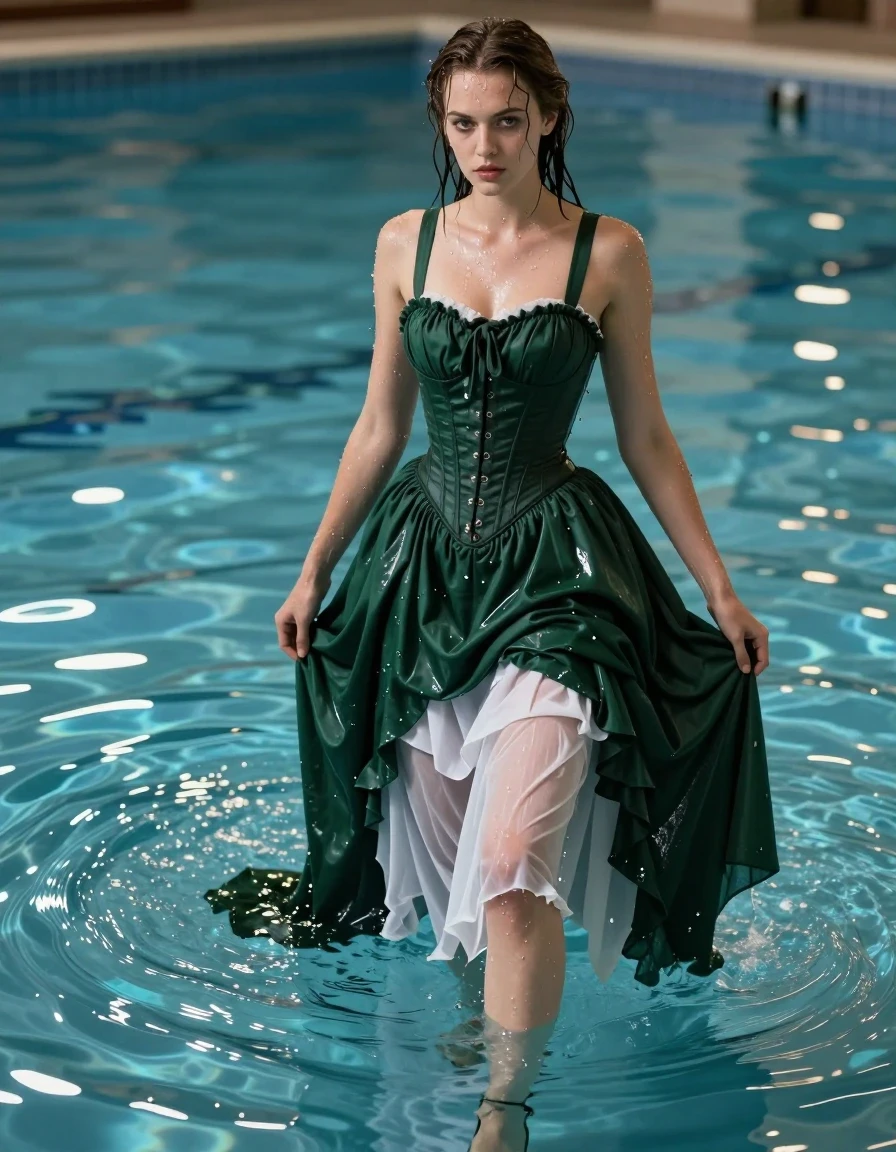 A full-body photorealistic shot of a young adult European woman posing in a swimming pool, completely drenched from head to toe. She is wearing a structured corset top and a long, dark green Victorian skirt layered over a white underskirt, all fabrics appearing heavy, clinging, and translucent from total saturation. The dark green fabric is deep and rich with soaked folds, while the white underskirt is partially transparent and clinging to her legs. She is wearing sleek black heels. Her skin is glistening with water, and her hair is wet and slicked back. The water in the pool creates strong specular reflections and highlights on the fabrics and her skin. The atmosphere is cinematic, with sharp focus on the textures of the wet textiles, realistic water droplets, and clinging layers. High-contrast lighting, 8k resolution, hyper-detailed skin texture, wet sheen, professional photography.