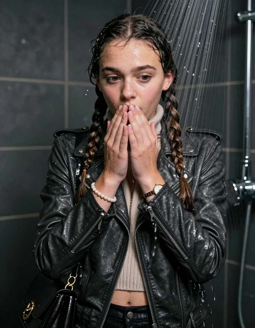 photo of young woman, in soaking wet, drenched clothes,
, , Biker leatherjacket, knit turtleneck sweater belly free, handbag, pearl necklace, bracelet, wristwatch, Under the shower, strong jet of water, party room, 
enjoying, wet clothes stuck to body,
detailed textures of the wet clothes, wet face, wet plastered hair,
wet, drenched, professional, high-quality details, full body view.
sharp focus, ultra-high pixel detail, realistic, high-quality, full colors, incredibly detailed, 4k, 8k, 16k, hyper-realistic, RAW photo, masterpiece, ultra-detailed, professionally color graded, professional photograph, Two long braids 

 15 years old  school girl

Only head and shoulders are over the surface visible. Open mouth, big eyes. Looking down. Hold her hands on her mouth.

The girls wear different clothes.

she is completely underwater up to her neck, surprised and astonished expression. 

her clothing is soaking wet and clinging tightly to her skin, showing heavy wet folds, darkened fabric texture, and deep water-saturated Patches, her clothes are heavy from the water, water runs from her body and her clothes in streams. A lot of water also runs out of her clothes. Her clothes are darkened by the water. Her submerged clothes are good visible under the water.  she soaked her handbag into the water.

close up view, wet skin, wet clothes, wet hair, damp fabric, water runs down the clothes, wet skin, wet clothes, damp fabric. cinematic medium shot, hyper-realistic wetness, high-contrast water sheen, sharp focus, 16k resolution, professional photography, realistic water physics., wet skin, wet clothes, damp fabric, wet skin, wet clothes, damp fabric, wet skin, wet clothes, damp fabric, wet skin, wet clothes, damp fabric, wet skin, wet clothes, damp fabric