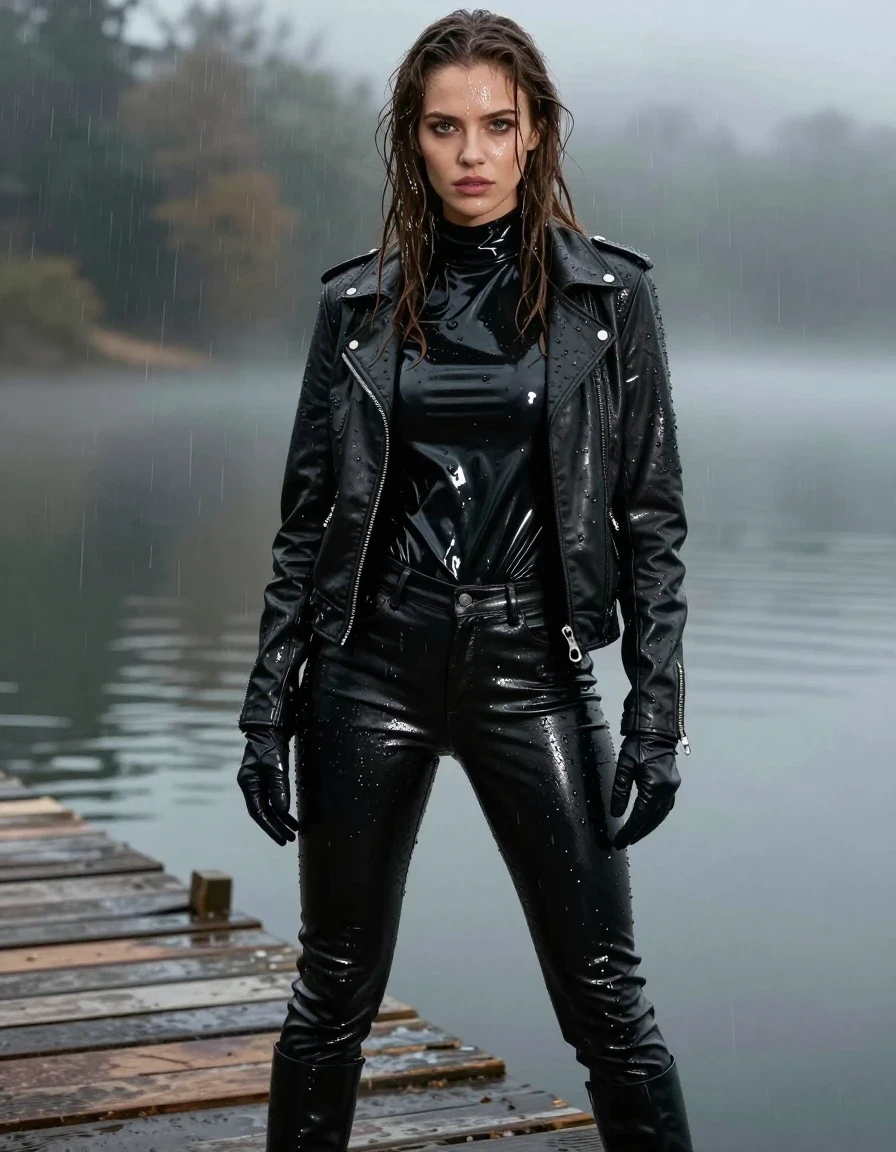 A photorealistic full-body shot of a young adult European woman with long, dripping wet brown hair and glistening wet skin, standing on a wooden pier at a lake. She is wearing an oversize black vinyl polar neck shirt with a high-gloss wet finish, layered under a rugged black biker's leather jacket. Her legs are clad in tight black leather jeans that appear heavy, damp, and cling to her form with visible water sheen and texture. She wears black leather knee-high boots and matching leather gloves on both hands. The clothing is visibly saturated, with dark, heavy folds and highlights from the damp fabric. The atmosphere is humid and misty, with water droplets clinging to her skin and clothes. Cinematic lighting highlights the glossy textures of the vinyl and leather against the dark, wet environment. High-detail photography, 8k resolution, sharp focus on fabric textures and facial features, realistic wet hair strands, deep shadows, and bright specular reflections on wet surfaces. No nudity, clean anatomy, non-explicit.