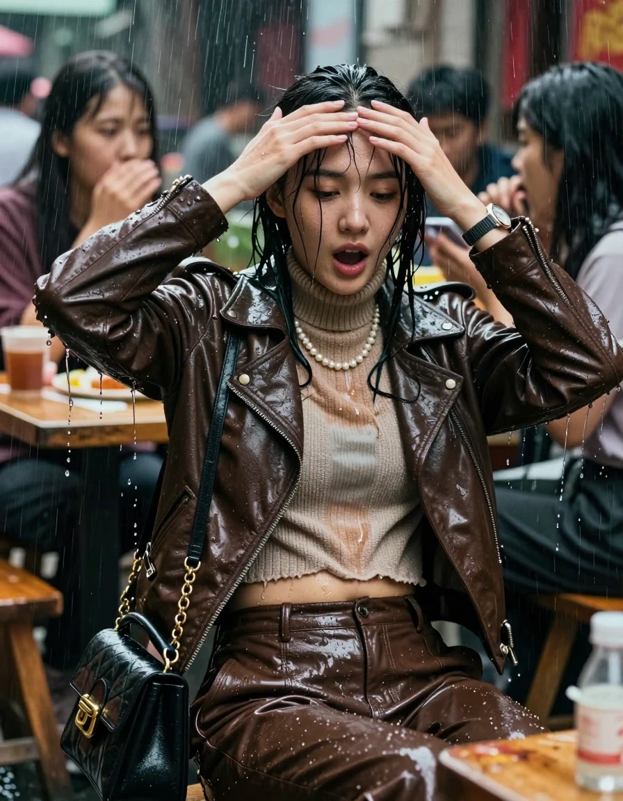 photo of young woman, in soaking wet, drenched clothes,
, , Biker leatherjacket, knit turtleneck sweater belly free, handbag, pearl necklace, bracelet, wristwatch, Sitting Under heavy Rain at Chinese outdoor Restaurant , strong jet of water, 
enjoying, wet clothes stuck to body,
detailed textures of the wet clothes, wet face, wet plastered hair,
wet, drenched, professional, high-quality details, full body view.
sharp focus, ultra-high pixel detail, realistic, high-quality, full colors, incredibly detailed, 4k, 8k, 16k, hyper-realistic, RAW photo, masterpiece, ultra-detailed, professionally color graded, professional photograph, 15 years old  school girl and her friends. Completely soaked to the Skin.

Open mouth, hands on her forehead, looking down. One Hand Covers her friends mouth. 

The girls wear different clothes.

she is completely underwater up to her neck, surprised and astonished expression. 

her clothing is soaking wet and clinging tightly to her skin, showing heavy wet folds, darkened fabric texture, and deep water-saturated Patches, her clothes are heavy from the water, water runs from her body and her clothes in streams. A lot of water also runs out of her clothes. Her clothes are darkened by the water. Her submerged clothes are good visible under the water.  she soaked her handbag into the water.

close up view, wet skin, wet clothes, wet hair, damp fabric, water runs down the clothes, wet skin, wet clothes, damp fabric. cinematic medium shot, hyper-realistic wetness, high-contrast water sheen, sharp focus, 16k resolution, professional photography, realistic water physics., wet skin, wet clothes, damp fabric, wet skin, wet clothes, damp fabric, wet skin, wet clothes, damp fabric, wet skin, wet clothes, damp fabric, wet skin, wet clothes, damp fabric, wet skin, wet clothes, damp fabric, wet skin, wet clothes, damp fabric, wet skin, wet clothes, damp fabric, wet skin, wet clothes, damp fabric