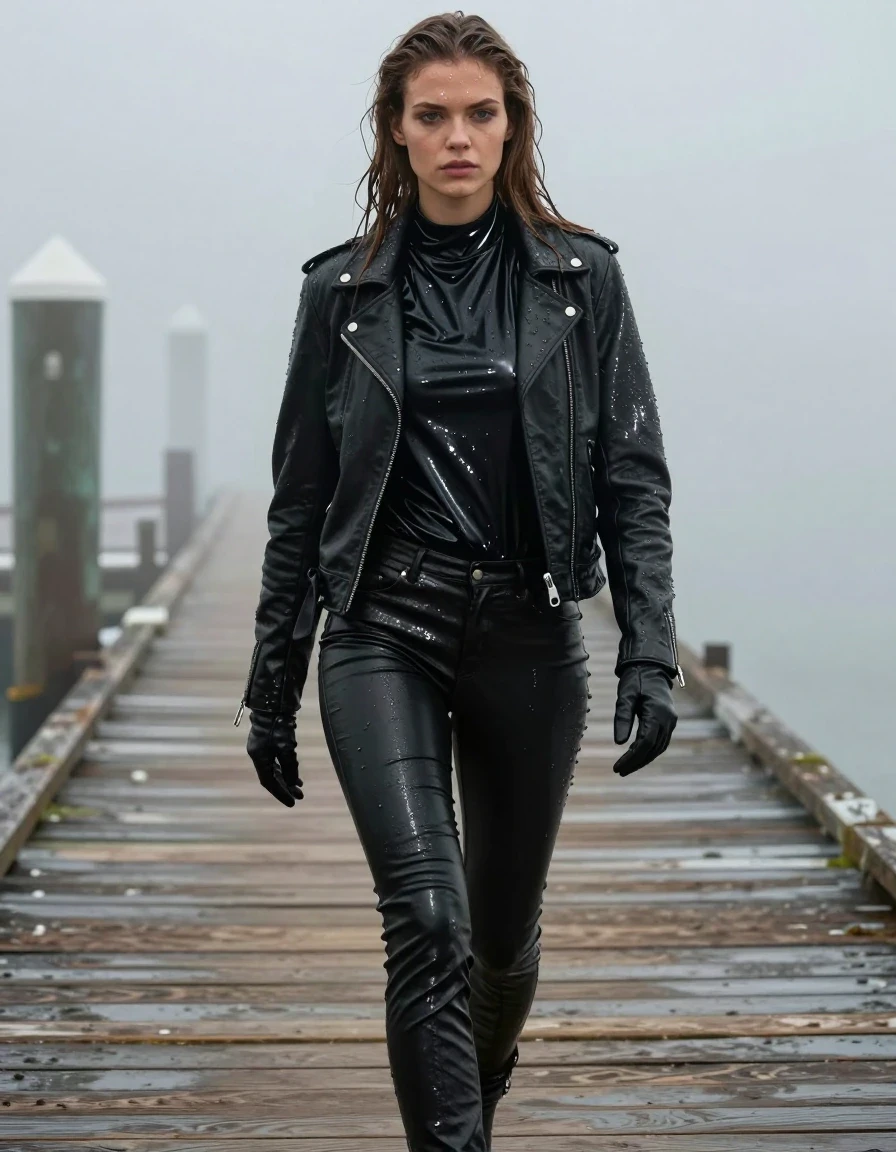 A photorealistic full-body shot of a young adult European woman with long, dripping wet brown hair, walking along a wooden pier at the docks during a heavy, atmospheric mist. She is wearing soaking-wet black leather jeans, with the leather appearing heavy, darkened, and clinging to her legs with deep, glossy specular reflections on the seams and folds, emphasizing a saturated, water-drenched texture. Over this, she wears an oversize black vinyl polar neck shirt that is slick with water, a black biker's leather jacket heavy with moisture, and leather gloves on both hands. Her skin is glistening with water, and her clothes are visibly soaked, showing heavy wet folds, clinging fabric, and a realistic sheen. The scene is captured in high detail, focusing on the wet skin, damp fabric textures, and the moody, misty environment. No nudity, clean anatomy, realistic proportions, high-contrast lighting, cinematic photography, 8k resolution.