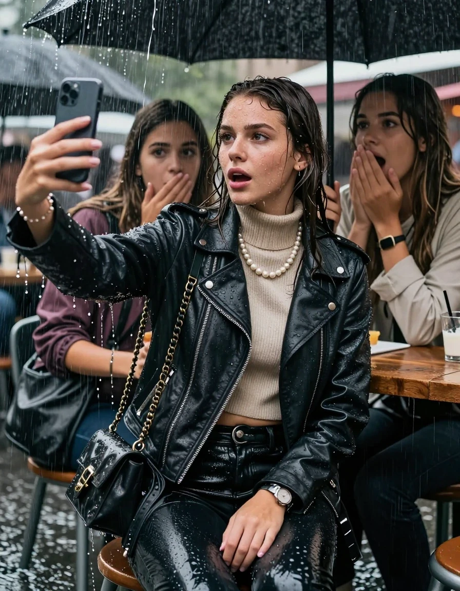 photo of young woman, in soaking wet, drenched clothes,
, , Biker leatherjacket, knit turtleneck sweater belly free, handbag, pearl necklace, bracelet, wristwatch, Sitting Under a flood of water from the canopy of an outdoor restaurant during extremely heavy rain, 
enjoying, wet clothes stuck to body,
detailed textures of the wet clothes, wet face, wet plastered hair,
wet, drenched, professional, high-quality details, full body view.
sharp focus, ultra-high pixel detail, realistic, high-quality, full colors, incredibly detailed, 4k, 8k, 16k, hyper-realistic, RAW photo, masterpiece, ultra-detailed, professionally color graded, professional photograph, 15 years old  school girl and her friends. Completely soaked to the Skin.

Open mouth, hands down, looking slightly away. One Hand Covers her friends mouth. Take a Selfie with her smartphone. 

The girls wear different clothes.

she is completely underwater up to her neck, surprised and astonished expression. 

her clothing is soaking wet and clinging tightly to her skin, showing heavy wet folds, darkened fabric texture, and deep water-saturated Patches, her clothes are heavy from the water, water runs from her body and her clothes in streams. A lot of water also runs out of her clothes. Her clothes are darkened by the water. Her submerged clothes are good visible under the water.  she soaked her handbag into the water.

close up view, wet skin, wet clothes, wet hair, damp fabric, water runs down the clothes, wet skin, wet clothes, damp fabric. cinematic medium shot, hyper-realistic wetness, high-contrast water sheen, sharp focus, 16k resolution, professional photography, realistic water physics., wet skin, wet clothes, damp fabric, wet skin, wet clothes, damp fabric, wet skin, wet clothes, damp fabric, wet skin, wet clothes, damp fabric, wet skin, wet clothes, damp fabric, wet skin, wet clothes, damp fabric, wet skin, wet clothes, damp fabric, wet skin, wet clothes, damp fabric, wet skin, wet clothes, damp fabric