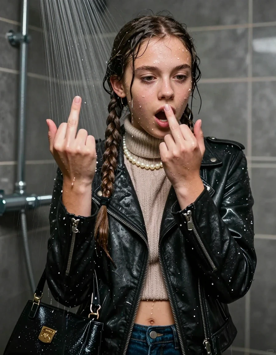 photo of young woman, in soaking wet, drenched clothes,
, , Biker leatherjacket, knit turtleneck sweater belly free, handbag, pearl necklace, bracelet, wristwatch, Under the shower, strong jet of water, party room, 
enjoying, wet clothes stuck to body,
detailed textures of the wet clothes, wet face, wet plastered hair,
wet, drenched, professional, high-quality details, full body view.
sharp focus, ultra-high pixel detail, realistic, high-quality, full colors, incredibly detailed, 4k, 8k, 16k, hyper-realistic, RAW photo, masterpiece, ultra-detailed, professionally color graded, professional photograph, Two long braids 

 15 years old  school girl

Only head and shoulders are over the surface visible. Open mouth, big eyes. Looking down. Shows her middle finger with one hand. One Hand on her mouth.

The girls wear different clothes.

she is completely underwater up to her neck, surprised and astonished expression. 

her clothing is soaking wet and clinging tightly to her skin, showing heavy wet folds, darkened fabric texture, and deep water-saturated Patches, her clothes are heavy from the water, water runs from her body and her clothes in streams. A lot of water also runs out of her clothes. Her clothes are darkened by the water. Her submerged clothes are good visible under the water.  she soaked her handbag into the water.

close up view, wet skin, wet clothes, wet hair, damp fabric, water runs down the clothes, wet skin, wet clothes, damp fabric. cinematic medium shot, hyper-realistic wetness, high-contrast water sheen, sharp focus, 16k resolution, professional photography, realistic water physics., wet skin, wet clothes, damp fabric, wet skin, wet clothes, damp fabric, wet skin, wet clothes, damp fabric, wet skin, wet clothes, damp fabric, wet skin, wet clothes, damp fabric