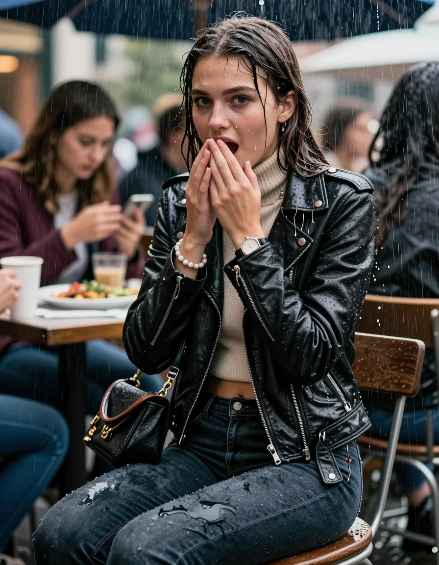 photo of young woman, in soaking wet, drenched clothes,
, Tight skinny jeans, Biker leatherjacket, knit turtleneck sweater belly free, handbag, pearl necklace, bracelet, wristwatch, Sitting Under heavy Rain at german outdoor Restaurant , strong jet of water, 
enjoying, wet clothes stuck to body,
detailed textures of the wet clothes, wet face, wet plastered hair,
wet, drenched, professional, high-quality details, full body view.
sharp focus, ultra-high pixel detail, realistic, high-quality, full colors, incredibly detailed, 4k, 8k, 16k, hyper-realistic, RAW photo, masterpiece, ultra-detailed, professionally color graded, professional photograph, 15 years old teenage girl and her friends. Completely soaked to the Skin.

Open mouth, hands on her mouth, looking at Camera . 

The girls wear different clothes.

She enjoy her wer clothes, horny and astonished expression. 

her clothing is soaking wet and clinging tightly to her skin, showing heavy wet folds, darkened fabric texture, and deep water-saturated Patches, her clothes are heavy from the water, water runs from her body and her clothes in streams. A lot of water also runs out of her clothes. Her clothes are darkened by the water. Her submerged clothes are good visible under the water.  she soaked her handbag into the water.

close up view, wet skin, wet clothes, wet hair, damp fabric, water runs down the clothes, wet skin, wet clothes, damp fabric. cinematic medium shot, hyper-realistic wetness, high-contrast water sheen, sharp focus, 16k resolution, professional photography, realistic water physics., wet skin, wet clothes, damp fabric, wet skin, wet clothes, damp fabric, wet skin, wet clothes, damp fabric, wet skin, wet clothes, damp fabric, wet skin, wet clothes, damp fabric, wet skin, wet clothes, damp fabric, wet skin, wet clothes, damp fabric, wet skin, wet clothes, damp fabric, wet skin, wet clothes, damp fabric, wet skin, wet clothes, damp fabric