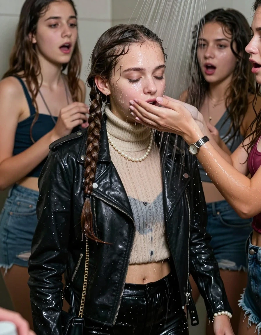 photo of young woman, in soaking wet, drenched clothes,
, , Biker leatherjacket, knit turtleneck sweater belly free, handbag, pearl necklace, bracelet, wristwatch, Orgasm Under the shower, strong jet of water, party room, 
enjoying, wet clothes stuck to body,
detailed textures of the wet clothes, wet face, wet plastered hair,
wet, drenched, professional, high-quality details, full body view.
sharp focus, ultra-high pixel detail, realistic, high-quality, full colors, incredibly detailed, 4k, 8k, 16k, hyper-realistic, RAW photo, masterpiece, ultra-detailed, professionally color graded, professional photograph, Two long braids 

 15 years old  school girl and her female  friends

Only head and shoulders are over the surface visible. Looking down. Open mouth, closed eyes. Her mouth is covered by her friends Hand.

The girls wear different clothes.

she is completely underwater up to her neck, surprised and astonished expression. 

her clothing is soaking wet and clinging tightly to her skin, showing heavy wet folds, darkened fabric texture, and deep water-saturated Patches, her clothes are heavy from the water, water runs from her body and her clothes in streams. A lot of water also runs out of her clothes. Her clothes are darkened by the water. Her submerged clothes are good visible under the water.  she soaked her handbag into the water.

close up view, wet skin, wet clothes, wet hair, damp fabric, water runs down the clothes, wet skin, wet clothes, damp fabric. cinematic medium shot, hyper-realistic wetness, high-contrast water sheen, sharp focus, 16k resolution, professional photography, realistic water physics., wet skin, wet clothes, damp fabric, wet skin, wet clothes, damp fabric, wet skin, wet clothes, damp fabric, wet skin, wet clothes, damp fabric, wet skin, wet clothes, damp fabric, wet skin, wet clothes, damp fabric