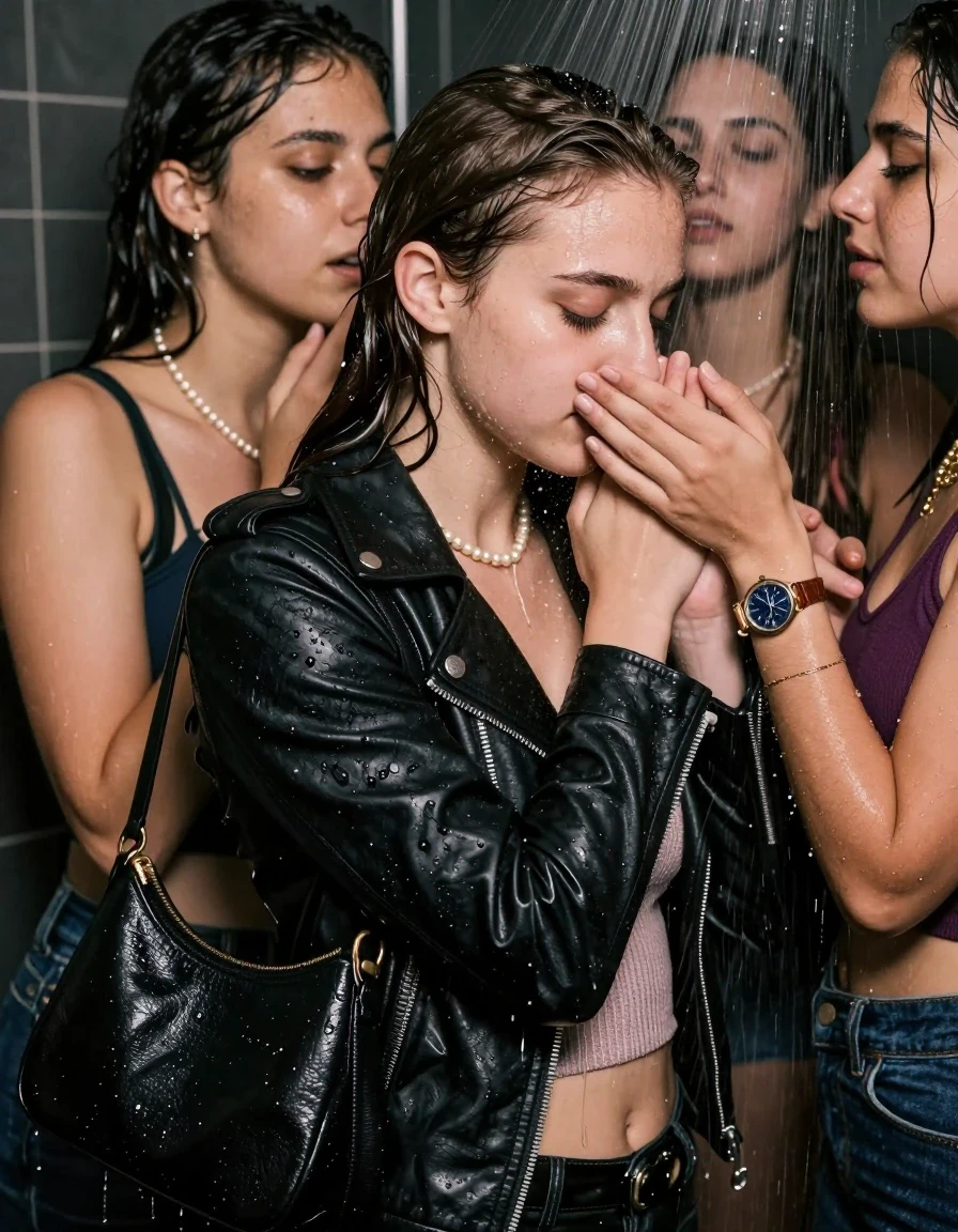 photo of young woman, in soaking wet, drenched clothes,
, , Biker leatherjacket, sweater belly free, shoulderbag, pearl necklace, bracelet, wristwatch, Orgasm Under the shower, strong jet of water, party room, 
enjoying, wet clothes stuck to body,
detailed textures of the wet clothes, wet face, wet plastered hair,
wet, drenched, professional, high-quality details, full body view.
sharp focus, ultra-high pixel detail, realistic, high-quality, full colors, incredibly detailed, 4k, 8k, 16k, hyper-realistic, RAW photo, masterpiece, ultra-detailed, professionally color graded, professional photograph, Sleek long ponytail with bangs

 15 years old  school girl and her female  friends

Only head and shoulders are over the surface visible. Looking down to the side.  closed eyes . Her mouth is covered by her friends Hand. hugs her friend.

The girls wear different clothes. All girls have an orgasm. 

she is completely underwater up to her neck, horny and orgasmic expression. 

her clothing is soaking wet and clinging tightly to her skin, showing heavy wet folds, darkened fabric texture, and deep water-saturated Patches, her clothes are heavy from the water, water runs from her body and her clothes in streams. A lot of water also runs out of her clothes. Her clothes are darkened by the water. Her submerged clothes are good visible under the water.  she soaked her handbag into the water.

close up view, wet skin, wet clothes, wet hair, damp fabric, water runs down the clothes, wet skin, wet clothes, damp fabric. cinematic medium shot, hyper-realistic wetness, high-contrast water sheen, sharp focus, 16k resolution, professional photography, realistic water physics., wet skin, wet clothes, damp fabric, wet skin, wet clothes, damp fabric, wet skin, wet clothes, damp fabric, wet skin, wet clothes, damp fabric, wet skin, wet clothes, damp fabric, wet skin, wet clothes, damp fabric, wet skin, wet clothes, damp fabric, wet skin, wet clothes, damp fabric
