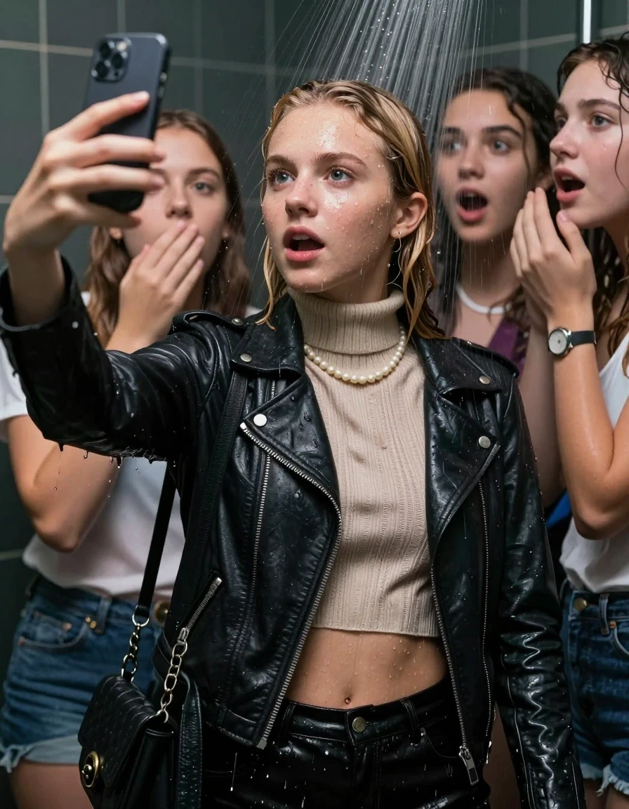 photo of young woman, in soaking wet, drenched clothes,
, , Biker leatherjacket, knit turtleneck sweater belly free, handbag, pearl necklace, bracelet, wristwatch, Under the shower, strong jet of water, party room, 
enjoying, wet clothes stuck to body,
detailed textures of the wet clothes, wet face, wet plastered hair,
wet, drenched, professional, high-quality details, full body view.
sharp focus, ultra-high pixel detail, realistic, high-quality, full colors, incredibly detailed, 4k, 8k, 16k, hyper-realistic, RAW photo, masterpiece, ultra-detailed, professionally color graded, professional photograph, Sleek Blonde Collarbone bob

 15 years old  school girl and her friends. Completely soaked to the Skin.

Only head and shoulders are over the surface visible. One Hand Covers her friends mouth. Take a Selfie with her Smartphone.

The girls wear different clothes.

she is completely underwater up to her neck, surprised and astonished expression. 

her clothing is soaking wet and clinging tightly to her skin, showing heavy wet folds, darkened fabric texture, and deep water-saturated Patches, her clothes are heavy from the water, water runs from her body and her clothes in streams. A lot of water also runs out of her clothes. Her clothes are darkened by the water. Her submerged clothes are good visible under the water.  she soaked her handbag into the water.

close up view, wet skin, wet clothes, wet hair, damp fabric, water runs down the clothes, wet skin, wet clothes, damp fabric. cinematic medium shot, hyper-realistic wetness, high-contrast water sheen, sharp focus, 16k resolution, professional photography, realistic water physics., wet skin, wet clothes, damp fabric, wet skin, wet clothes, damp fabric, wet skin, wet clothes, damp fabric, wet skin, wet clothes, damp fabric, wet skin, wet clothes, damp fabric, wet skin, wet clothes, damp fabric, wet skin, wet clothes, damp fabric