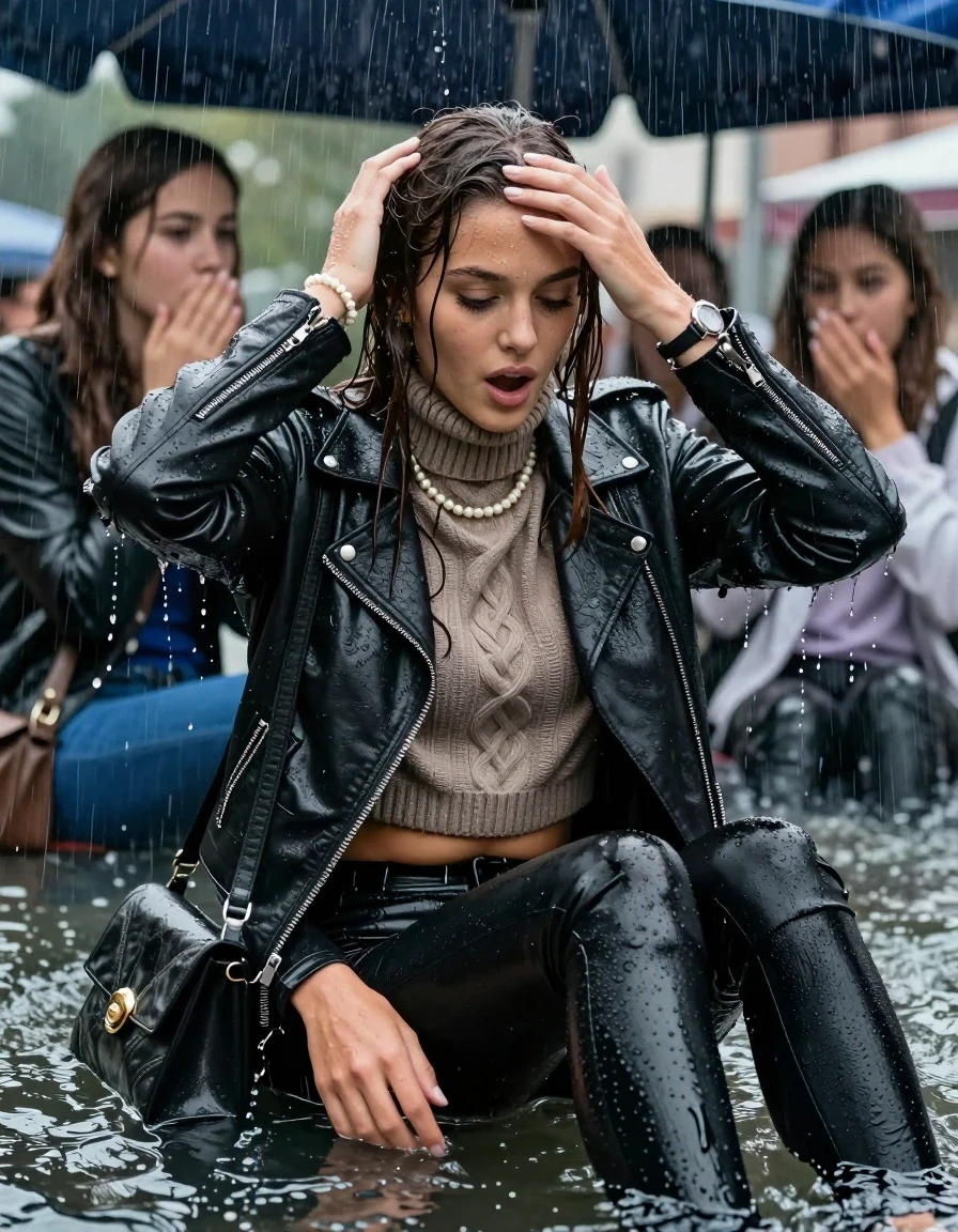 photo of young woman, in soaking wet, drenched clothes,
, Black leatherleggings , Biker leatherjacket, knit turtleneck sweater belly free, handbag, pearl necklace, bracelet, wristwatch, Sitting Under a flood of water from the canopy of an outdoor restaurant during extremely heavy rain, 
enjoying, wet clothes stuck to body,
detailed textures of the wet clothes, wet face, wet plastered hair,
wet, drenched, professional, high-quality details, full body view.
sharp focus, ultra-high pixel detail, realistic, high-quality, full colors, incredibly detailed, 4k, 8k, 16k, hyper-realistic, RAW photo, masterpiece, ultra-detailed, professionally color graded, professional photograph, 15 years old  school girl and her friends. Completely soaked to the Skin.

Open mouth, hands on her forehead, looking down. One Hand Covers her friends mouth. 

The girls wear different clothes.

she is completely underwater up to her neck, surprised and astonished expression. 

her clothing is soaking wet and clinging tightly to her skin, showing heavy wet folds, darkened fabric texture, and deep water-saturated Patches, her clothes are heavy from the water, water runs from her body and her clothes in streams. A lot of water also runs out of her clothes. Her clothes are darkened by the water. Her submerged clothes are good visible under the water.  she soaked her handbag into the water.

close up view, wet skin, wet clothes, wet hair, damp fabric, water runs down the clothes, wet skin, wet clothes, damp fabric. cinematic medium shot, hyper-realistic wetness, high-contrast water sheen, sharp focus, 16k resolution, professional photography, realistic water physics., wet skin, wet clothes, damp fabric, wet skin, wet clothes, damp fabric, wet skin, wet clothes, damp fabric, wet skin, wet clothes, damp fabric, wet skin, wet clothes, damp fabric, wet skin, wet clothes, damp fabric, wet skin, wet clothes, damp fabric, wet skin, wet clothes, damp fabric
