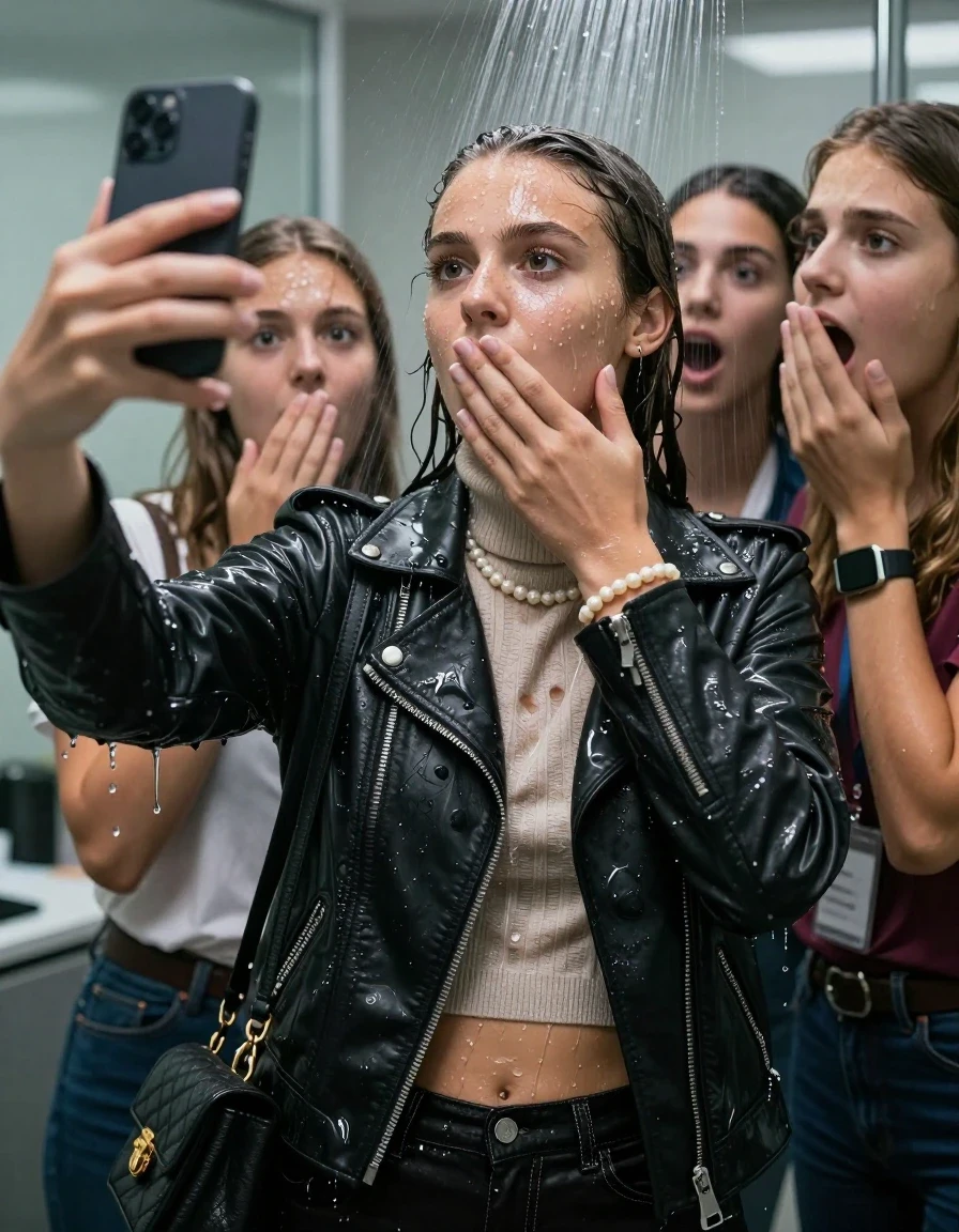 photo of young woman, in soaking wet, drenched clothes,
, , Biker leatherjacket, knit turtleneck sweater belly free, handbag, pearl necklace, bracelet, wristwatch, Under the shower, strong jet of water, at office, 
enjoying, wet clothes stuck to body,
detailed textures of the wet clothes, wet face, wet plastered hair,
wet, drenched, professional, high-quality details, full body view.
sharp focus, ultra-high pixel detail, realistic, high-quality, full colors, incredibly detailed, 4k, 8k, 16k, hyper-realistic, RAW photo, masterpiece, ultra-detailed, professionally color graded, professional photograph, 15 years old  school girl and her friends. Completely soaked to the Skin.

Only head and shoulders are over the surface visible. One Hand Covers her friends mouth. Take a Selfie with her Smartphone.

The girls wear different clothes.

she is completely underwater up to her neck, surprised and astonished expression. 

her clothing is soaking wet and clinging tightly to her skin, showing heavy wet folds, darkened fabric texture, and deep water-saturated Patches, her clothes are heavy from the water, water runs from her body and her clothes in streams. A lot of water also runs out of her clothes. Her clothes are darkened by the water. Her submerged clothes are good visible under the water.  she soaked her handbag into the water.

close up view, wet skin, wet clothes, wet hair, damp fabric, water runs down the clothes, wet skin, wet clothes, damp fabric. cinematic medium shot, hyper-realistic wetness, high-contrast water sheen, sharp focus, 16k resolution, professional photography, realistic water physics., wet skin, wet clothes, damp fabric, wet skin, wet clothes, damp fabric, wet skin, wet clothes, damp fabric, wet skin, wet clothes, damp fabric, wet skin, wet clothes, damp fabric, wet skin, wet clothes, damp fabric, wet skin, wet clothes, damp fabric