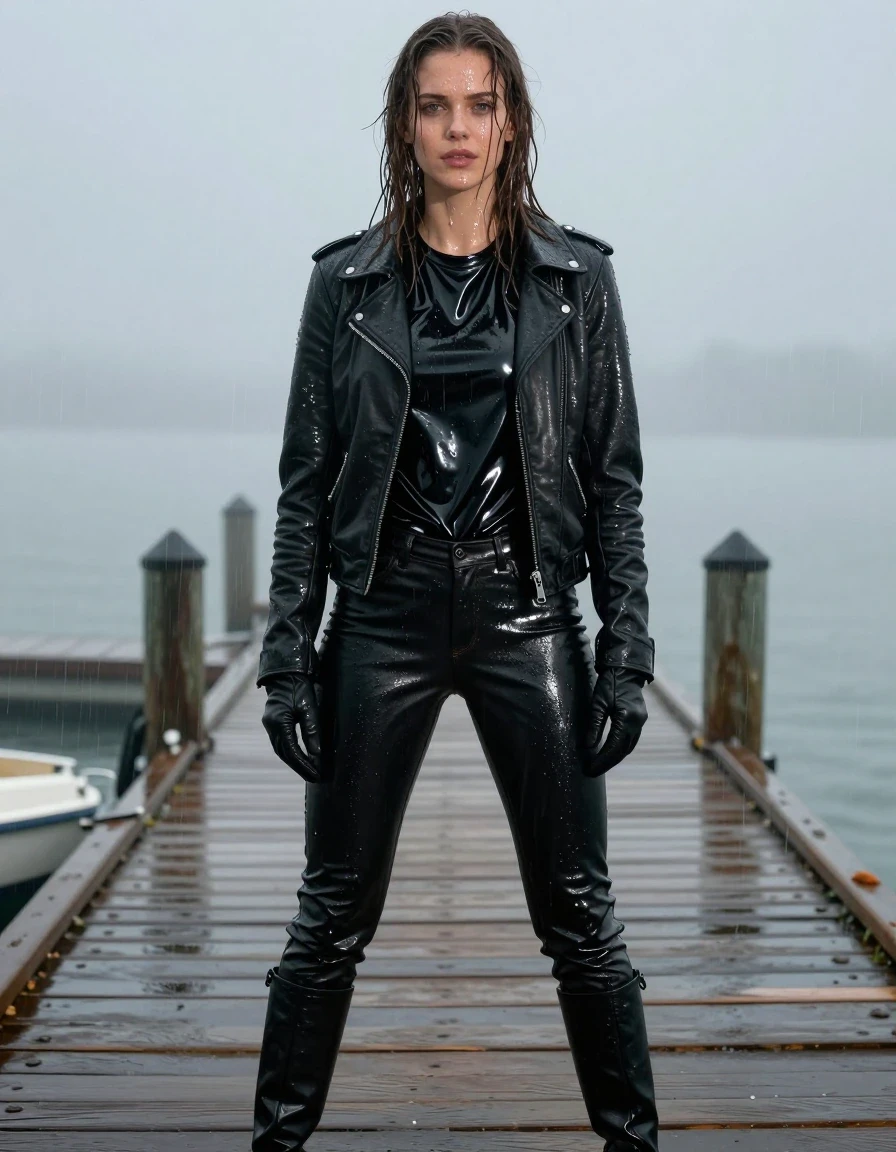 A young adult European woman with long, dripping wet brown hair, standing on a wooden pier at the docks during a heavy, atmospheric mist. She is fully clothed in a layered, drenched outfit: an oversize black vinyl polar neck shirt with a high-gloss wet sheen, a black biker leather jacket, and black leather jeans that cling to her legs, showing heavy wet folds and a dark, water-saturated texture. She wears black leather gloves on both hands and black leather knee-high boots. Her skin is visibly wet, with water sheen and rivulets running down her face and neck. The fabric of her clothes is damp, heavy, and darkened by the downpour. Photorealistic, 8k resolution, cinematic lighting, sharp focus on the textures of the wet leather and vinyl, moody dockside environment, fully clothed subject, no nudity.