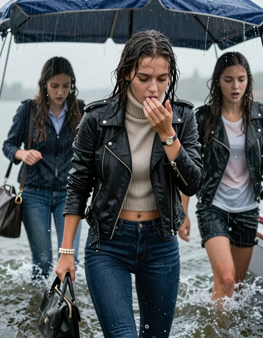 photo of young woman, in soaking wet, drenched clothes,
, Tight skinny jeans, Biker leatherjacket, knit turtleneck sweater belly free, handbag, pearl necklace, bracelet, wristwatch, Leaving a boat Under a flood of water from the canopy of a boat during extremely heavy rain, 
enjoying, wet clothes stuck to body,
detailed textures of the wet clothes, wet face, wet plastered hair,
wet, drenched, professional, high-quality details, full body view.
sharp focus, ultra-high pixel detail, realistic, high-quality, full colors, incredibly detailed, 4k, 8k, 16k, hyper-realistic, RAW photo, masterpiece, ultra-detailed, professionally color graded, professional photograph, 15 years old  school girl and her friends. Completely soaked to the Skin.

Open mouth, hands on her mouth, looking down. 

The girls wear different clothes.

she is completely underwater up to her neck, surprised and astonished expression. 

her clothing is soaking wet and clinging tightly to her skin, showing heavy wet folds, darkened fabric texture, and deep water-saturated Patches, her clothes are heavy from the water, water runs from her body and her clothes in streams. A lot of water also runs out of her clothes. Her clothes are darkened by the water. Her submerged clothes are good visible under the water.  she soaked her handbag into the water.

close up view, wet skin, wet clothes, wet hair, damp fabric, water runs down the clothes, wet skin, wet clothes, damp fabric. cinematic medium shot, hyper-realistic wetness, high-contrast water sheen, sharp focus, 16k resolution, professional photography, realistic water physics., wet skin, wet clothes, damp fabric, wet skin, wet clothes, damp fabric, wet skin, wet clothes, damp fabric, wet skin, wet clothes, damp fabric, wet skin, wet clothes, damp fabric, wet skin, wet clothes, damp fabric, wet skin, wet clothes, damp fabric, wet skin, wet clothes, damp fabric