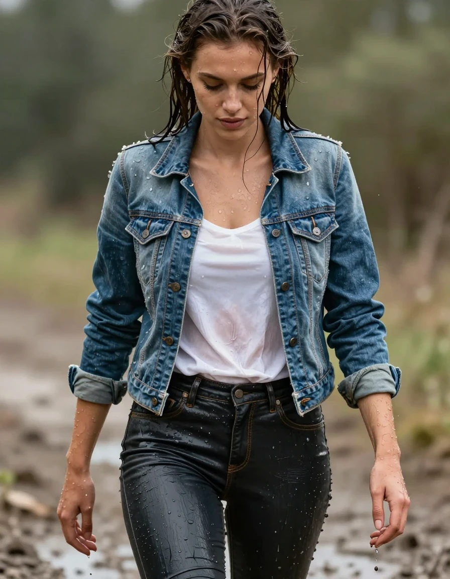 photo of young woman, in soaking wet, drenched clothes,
Lederjeans, Jeansjacke weiße bluse, Deep mud, 
enjoying, wet clothes stuck to body,
detailed textures of the wet clothes, wet face, wet plastered hair,
wet, drenched, professional, high-quality details, full body view.
sharp focus, ultra-high pixel detail, realistic, high-quality, full colors, incredibly detailed, 4k, 8k, 16k, hyper-realistic, RAW photo, masterpiece, ultra-detailed, professionally color graded, professional photograph, wet skin, wet clothes, damp fabric