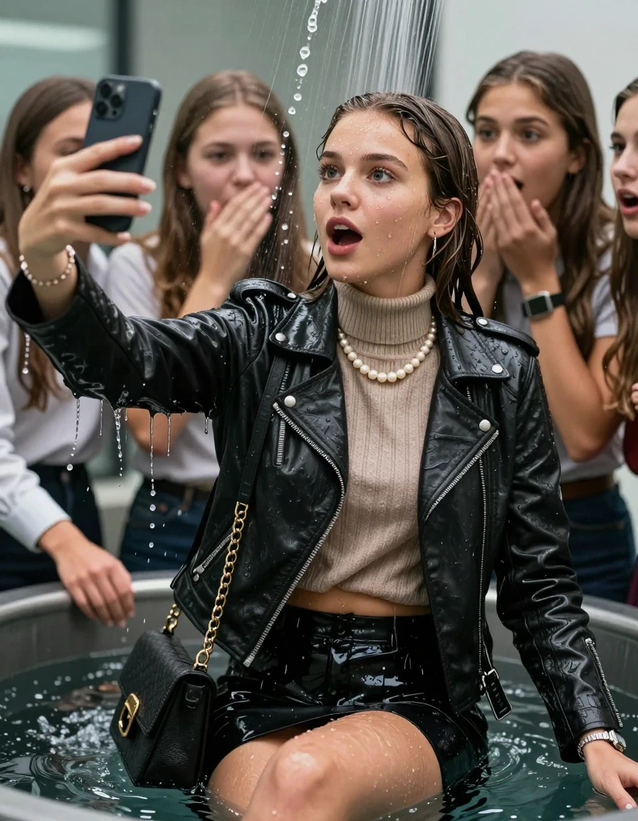 photo of young woman, in soaking wet, drenched clothes,
, , Biker leatherjacket, knit turtleneck sweater belly free, handbag, pearl necklace, bracelet, wristwatch, Sitting Under the sprinkler at office, strong jet of water, 
enjoying, wet clothes stuck to body,
detailed textures of the wet clothes, wet face, wet plastered hair,
wet, drenched, professional, high-quality details, full body view.
sharp focus, ultra-high pixel detail, realistic, high-quality, full colors, incredibly detailed, 4k, 8k, 16k, hyper-realistic, RAW photo, masterpiece, ultra-detailed, professionally color graded, professional photograph, 15 years old  school girl and her friends. Completely soaked to the Skin.

Only head and shoulders are over the surface visible. One Hand Covers her friends mouth. Take a Selfie with her Smartphone.

The girls wear different clothes.

she is completely underwater up to her neck, surprised and astonished expression. 

her clothing is soaking wet and clinging tightly to her skin, showing heavy wet folds, darkened fabric texture, and deep water-saturated Patches, her clothes are heavy from the water, water runs from her body and her clothes in streams. A lot of water also runs out of her clothes. Her clothes are darkened by the water. Her submerged clothes are good visible under the water.  she soaked her handbag into the water.

close up view, wet skin, wet clothes, wet hair, damp fabric, water runs down the clothes, wet skin, wet clothes, damp fabric. cinematic medium shot, hyper-realistic wetness, high-contrast water sheen, sharp focus, 16k resolution, professional photography, realistic water physics., wet skin, wet clothes, damp fabric, wet skin, wet clothes, damp fabric, wet skin, wet clothes, damp fabric, wet skin, wet clothes, damp fabric, wet skin, wet clothes, damp fabric, wet skin, wet clothes, damp fabric, wet skin, wet clothes, damp fabric