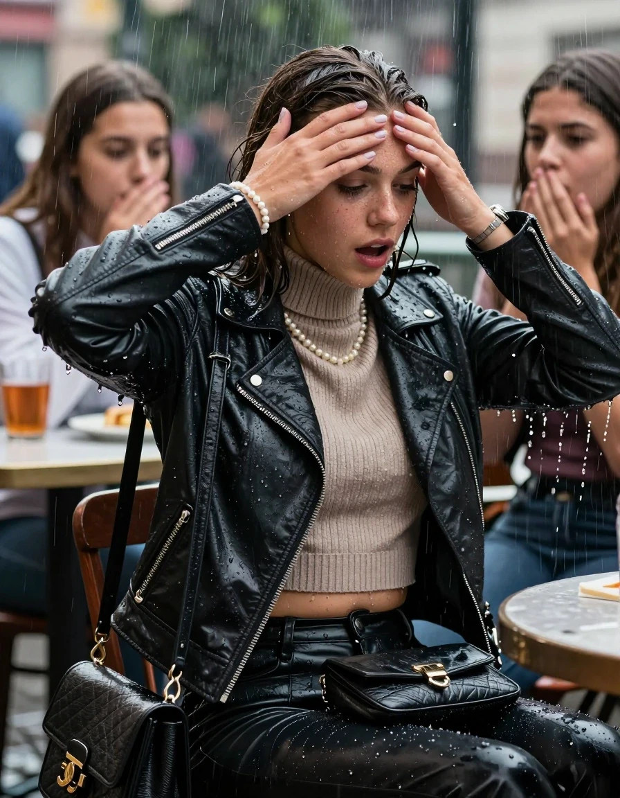 photo of young woman, in soaking wet, drenched clothes,
, , Biker leatherjacket, knit turtleneck sweater belly free, handbag, pearl necklace, bracelet, wristwatch, Sitting Under heavy Rain at outdoor Restaurant , strong jet of water, 
enjoying, wet clothes stuck to body,
detailed textures of the wet clothes, wet face, wet plastered hair,
wet, drenched, professional, high-quality details, full body view.
sharp focus, ultra-high pixel detail, realistic, high-quality, full colors, incredibly detailed, 4k, 8k, 16k, hyper-realistic, RAW photo, masterpiece, ultra-detailed, professionally color graded, professional photograph, 15 years old  school girl and her friends. Completely soaked to the Skin.

Open mouth, hands on her forehead, looking down. One Hand Covers her friends mouth. 

The girls wear different clothes.

she is completely underwater up to her neck, surprised and astonished expression. 

her clothing is soaking wet and clinging tightly to her skin, showing heavy wet folds, darkened fabric texture, and deep water-saturated Patches, her clothes are heavy from the water, water runs from her body and her clothes in streams. A lot of water also runs out of her clothes. Her clothes are darkened by the water. Her submerged clothes are good visible under the water.  she soaked her handbag into the water.

close up view, wet skin, wet clothes, wet hair, damp fabric, water runs down the clothes, wet skin, wet clothes, damp fabric. cinematic medium shot, hyper-realistic wetness, high-contrast water sheen, sharp focus, 16k resolution, professional photography, realistic water physics., wet skin, wet clothes, damp fabric, wet skin, wet clothes, damp fabric, wet skin, wet clothes, damp fabric, wet skin, wet clothes, damp fabric, wet skin, wet clothes, damp fabric, wet skin, wet clothes, damp fabric, wet skin, wet clothes, damp fabric, wet skin, wet clothes, damp fabric
