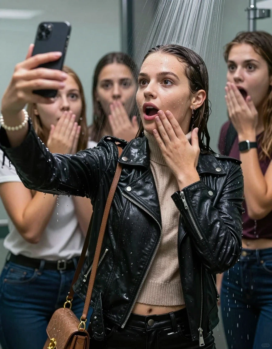 photo of young woman, in soaking wet, drenched clothes,
, , Biker leatherjacket, knit turtleneck sweater belly free, handbag, pearl necklace, bracelet, wristwatch, Under the shower, strong jet of water, at office, 
enjoying, wet clothes stuck to body,
detailed textures of the wet clothes, wet face, wet plastered hair,
wet, drenched, professional, high-quality details, full body view.
sharp focus, ultra-high pixel detail, realistic, high-quality, full colors, incredibly detailed, 4k, 8k, 16k, hyper-realistic, RAW photo, masterpiece, ultra-detailed, professionally color graded, professional photograph, 15 years old  school girl and her friends. Completely soaked to the Skin.

Only head and shoulders are over the surface visible. One Hand Covers her friends mouth. Take a Selfie with her Smartphone.

The girls wear different clothes.

she is completely underwater up to her neck, surprised and astonished expression. 

her clothing is soaking wet and clinging tightly to her skin, showing heavy wet folds, darkened fabric texture, and deep water-saturated Patches, her clothes are heavy from the water, water runs from her body and her clothes in streams. A lot of water also runs out of her clothes. Her clothes are darkened by the water. Her submerged clothes are good visible under the water.  she soaked her handbag into the water.

close up view, wet skin, wet clothes, wet hair, damp fabric, water runs down the clothes, wet skin, wet clothes, damp fabric. cinematic medium shot, hyper-realistic wetness, high-contrast water sheen, sharp focus, 16k resolution, professional photography, realistic water physics., wet skin, wet clothes, damp fabric, wet skin, wet clothes, damp fabric, wet skin, wet clothes, damp fabric, wet skin, wet clothes, damp fabric, wet skin, wet clothes, damp fabric, wet skin, wet clothes, damp fabric, wet skin, wet clothes, damp fabric