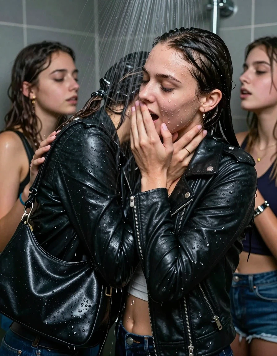 photo of young woman, in soaking wet, drenched clothes,
, , Biker leatherjacket, sweater belly free, shoulderbag, pearl necklace, bracelet, wristwatch, Orgasm Under the shower, strong jet of water, party room, 
enjoying, wet clothes stuck to body,
detailed textures of the wet clothes, wet face, wet plastered hair,
wet, drenched, professional, high-quality details, full body view.
sharp focus, ultra-high pixel detail, realistic, high-quality, full colors, incredibly detailed, 4k, 8k, 16k, hyper-realistic, RAW photo, masterpiece, ultra-detailed, professionally color graded, professional photograph, Sleek long ponytail with bangs

 15 years old  school girl and her female  friends

Only head and shoulders are over the surface visible. Looking down to the side.  closed eyes . Her mouth is covered by her friends Hand. hugs her friend.

The girls wear different clothes. All girls have an orgasm. 

she is completely underwater up to her neck, horny and Strenuous expression. 

her clothing is soaking wet and clinging tightly to her skin, showing heavy wet folds, darkened fabric texture, and deep water-saturated Patches, her clothes are heavy from the water, water runs from her body and her clothes in streams. A lot of water also runs out of her clothes. Her clothes are darkened by the water. Her submerged clothes are good visible under the water.  she soaked her handbag into the water.

close up view, wet skin, wet clothes, wet hair, damp fabric, water runs down the clothes, wet skin, wet clothes, damp fabric. cinematic medium shot, hyper-realistic wetness, high-contrast water sheen, sharp focus, 16k resolution, professional photography, realistic water physics., wet skin, wet clothes, damp fabric, wet skin, wet clothes, damp fabric, wet skin, wet clothes, damp fabric, wet skin, wet clothes, damp fabric, wet skin, wet clothes, damp fabric, wet skin, wet clothes, damp fabric, wet skin, wet clothes, damp fabric, wet skin, wet clothes, damp fabric