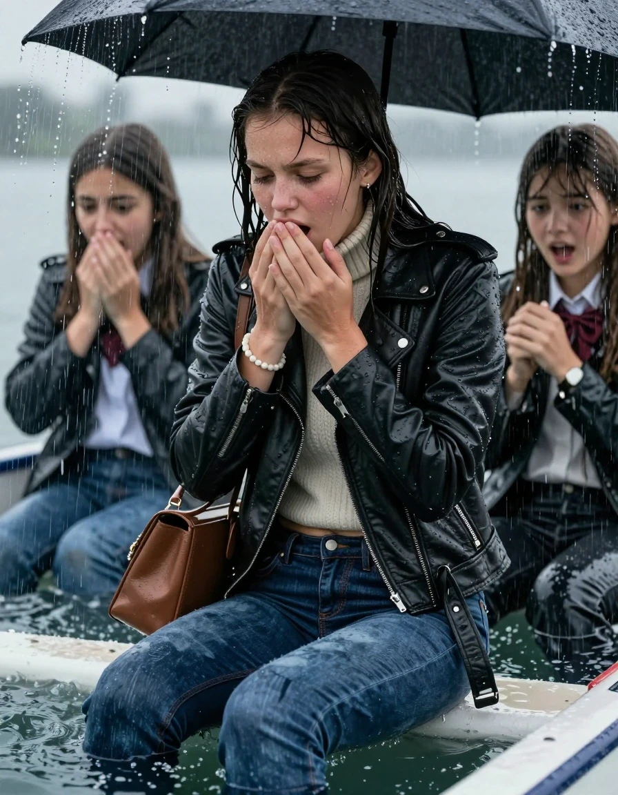 photo of young woman, in soaking wet, drenched clothes,
, Tight skinny jeans, Biker leatherjacket, knit turtleneck sweater belly free, handbag, pearl necklace, bracelet, wristwatch, Sitting Under a flood of water from the canopy of a boat during extremely heavy rain, 
enjoying, wet clothes stuck to body,
detailed textures of the wet clothes, wet face, wet plastered hair,
wet, drenched, professional, high-quality details, full body view.
sharp focus, ultra-high pixel detail, realistic, high-quality, full colors, incredibly detailed, 4k, 8k, 16k, hyper-realistic, RAW photo, masterpiece, ultra-detailed, professionally color graded, professional photograph, 15 years old  school girl and her friends. Completely soaked to the Skin.

Open mouth, hands on her mouth, looking down. 

The girls wear different clothes.

she is completely underwater up to her neck, surprised and astonished expression. 

her clothing is soaking wet and clinging tightly to her skin, showing heavy wet folds, darkened fabric texture, and deep water-saturated Patches, her clothes are heavy from the water, water runs from her body and her clothes in streams. A lot of water also runs out of her clothes. Her clothes are darkened by the water. Her submerged clothes are good visible under the water.  she soaked her handbag into the water.

close up view, wet skin, wet clothes, wet hair, damp fabric, water runs down the clothes, wet skin, wet clothes, damp fabric. cinematic medium shot, hyper-realistic wetness, high-contrast water sheen, sharp focus, 16k resolution, professional photography, realistic water physics., wet skin, wet clothes, damp fabric, wet skin, wet clothes, damp fabric, wet skin, wet clothes, damp fabric, wet skin, wet clothes, damp fabric, wet skin, wet clothes, damp fabric, wet skin, wet clothes, damp fabric, wet skin, wet clothes, damp fabric, wet skin, wet clothes, damp fabric
