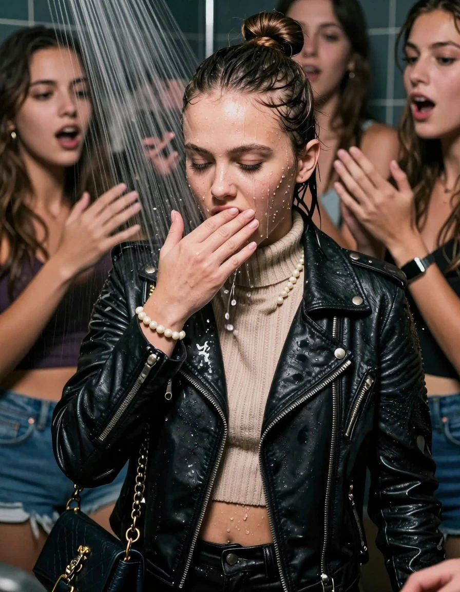 photo of young woman, in soaking wet, drenched clothes,
, , Biker leatherjacket, knit turtleneck sweater belly free, handbag, pearl necklace, bracelet, wristwatch, Orgasm Under the shower, strong jet of water, party room, 
enjoying, wet clothes stuck to body,
detailed textures of the wet clothes, wet face, wet plastered hair,
wet, drenched, professional, high-quality details, full body view.
sharp focus, ultra-high pixel detail, realistic, high-quality, full colors, incredibly detailed, 4k, 8k, 16k, hyper-realistic, RAW photo, masterpiece, ultra-detailed, professionally color graded, professional photograph, Topknot

 15 years old  school girl and her female  friends

Only head and shoulders are over the surface visible. Looking down. Open mouth, closed eyes. Her mouth is covered by her friends Hand.

The girls wear different clothes.

she is completely underwater up to her neck, surprised and astonished expression. 

her clothing is soaking wet and clinging tightly to her skin, showing heavy wet folds, darkened fabric texture, and deep water-saturated Patches, her clothes are heavy from the water, water runs from her body and her clothes in streams. A lot of water also runs out of her clothes. Her clothes are darkened by the water. Her submerged clothes are good visible under the water.  she soaked her handbag into the water.

close up view, wet skin, wet clothes, wet hair, damp fabric, water runs down the clothes, wet skin, wet clothes, damp fabric. cinematic medium shot, hyper-realistic wetness, high-contrast water sheen, sharp focus, 16k resolution, professional photography, realistic water physics., wet skin, wet clothes, damp fabric, wet skin, wet clothes, damp fabric, wet skin, wet clothes, damp fabric, wet skin, wet clothes, damp fabric, wet skin, wet clothes, damp fabric, wet skin, wet clothes, damp fabric