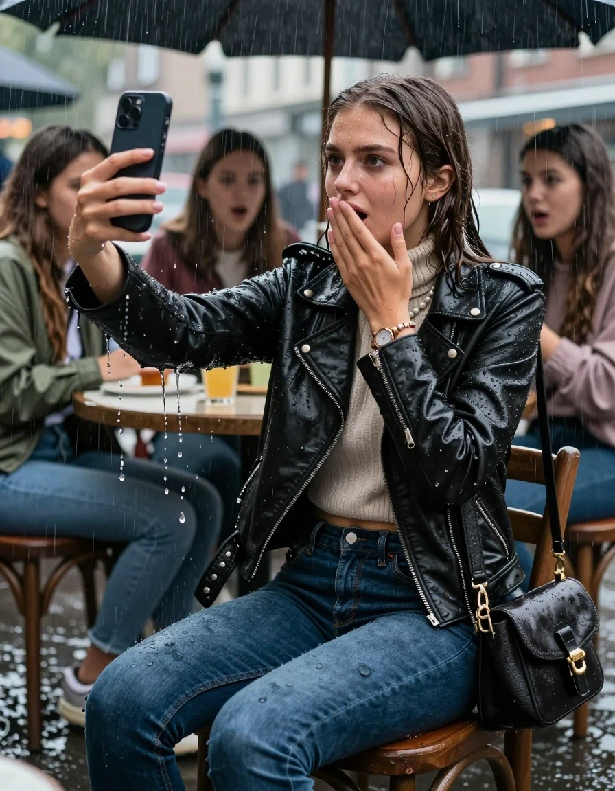 photo of young woman, in soaking wet, drenched clothes,
, Tight skinny jeans, Biker leatherjacket, knit turtleneck sweater belly free, handbag, pearl necklace, bracelet, wristwatch, Sitting Under a flood of water from the canopy of an outdoor restaurant during extremely heavy rain, 
enjoying, wet clothes stuck to body,
detailed textures of the wet clothes, wet face, wet plastered hair,
wet, drenched, professional, high-quality details, full body view.
sharp focus, ultra-high pixel detail, realistic, high-quality, full colors, incredibly detailed, 4k, 8k, 16k, hyper-realistic, RAW photo, masterpiece, ultra-detailed, professionally color graded, professional photograph, 15 years old  school girl and her friends. Completely soaked to the Skin.

Open mouth, hands down, looking slightly away. One Hand Covers her mouth. Take a Selfie with her smartphone. 

The girls wear different clothes.

she is completely underwater up to her neck, surprised and astonished expression. 

her clothing is soaking wet and clinging tightly to her skin, showing heavy wet folds, darkened fabric texture, and deep water-saturated Patches, her clothes are heavy from the water, water runs from her body and her clothes in streams. A lot of water also runs out of her clothes. Her clothes are darkened by the water. Her submerged clothes are good visible under the water.  she soaked her handbag into the water.

close up view, wet skin, wet clothes, wet hair, damp fabric, water runs down the clothes, wet skin, wet clothes, damp fabric. cinematic medium shot, hyper-realistic wetness, high-contrast water sheen, sharp focus, 16k resolution, professional photography, realistic water physics., wet skin, wet clothes, damp fabric, wet skin, wet clothes, damp fabric, wet skin, wet clothes, damp fabric, wet skin, wet clothes, damp fabric, wet skin, wet clothes, damp fabric, wet skin, wet clothes, damp fabric, wet skin, wet clothes, damp fabric, wet skin, wet clothes, damp fabric, wet skin, wet clothes, damp fabric