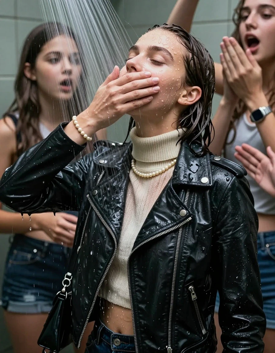 photo of young woman, in soaking wet, drenched clothes,
, , Biker leatherjacket, knit turtleneck sweater belly free, handbag, pearl necklace, bracelet, wristwatch, Under the shower, strong jet of water, party room, 
enjoying, wet clothes stuck to body,
detailed textures of the wet clothes, wet face, wet plastered hair,
wet, drenched, professional, high-quality details, full body view.
sharp focus, ultra-high pixel detail, realistic, high-quality, full colors, incredibly detailed, 4k, 8k, 16k, hyper-realistic, RAW photo, masterpiece, ultra-detailed, professionally color graded, professional photograph, Sleek Collarbone bob

 15 years old  school girl and her friends

Only head and shoulders are over the surface visible. Looking up. Open mouth, closed eyes. Her mouth is covered by her friends Hand.

The girls wear different clothes.

she is completely underwater up to her neck, surprised and astonished expression. 

her clothing is soaking wet and clinging tightly to her skin, showing heavy wet folds, darkened fabric texture, and deep water-saturated Patches, her clothes are heavy from the water, water runs from her body and her clothes in streams. A lot of water also runs out of her clothes. Her clothes are darkened by the water. Her submerged clothes are good visible under the water.  she soaked her handbag into the water.

close up view, wet skin, wet clothes, wet hair, damp fabric, water runs down the clothes, wet skin, wet clothes, damp fabric. cinematic medium shot, hyper-realistic wetness, high-contrast water sheen, sharp focus, 16k resolution, professional photography, realistic water physics., wet skin, wet clothes, damp fabric, wet skin, wet clothes, damp fabric, wet skin, wet clothes, damp fabric, wet skin, wet clothes, damp fabric, wet skin, wet clothes, damp fabric, wet skin, wet clothes, damp fabric