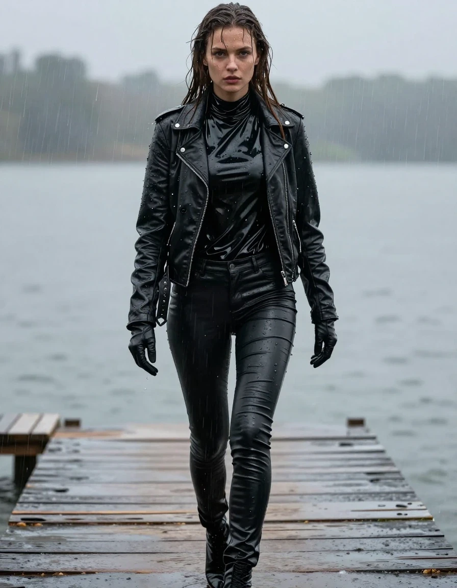 A photorealistic full-body shot of a young adult European woman with long dripping wet brown hair, walking along a wooden pier at a lake during a heavy rainstorm. She is wearing an oversize black vinyl polar neck shirt with a high-shine wet finish, layered under a rugged black biker leather jacket, and black leather gloves on both hands. She wears tight black leather jeans that appear heavy, saturated, and clinging to her legs with deep glossy reflections and visible creases. Her skin is drenched, with water droplets and a glistening sheen covering her face and arms. The entire outfit is soaked, with the fabric appearing heavy, clinging, and darkened by the water. The environment features a misty, overcast lake backdrop, with water pooling on the weathered wooden planks of the pier. High-contrast lighting highlights the textures of the dripping hair, wet leather, and smooth vinyl, capturing a cinematic, moody atmosphere with sharp focus and hyper-realistic detail. No nudity, no dry clothing, no dry hair, no skin imperfections, clean anatomical features.