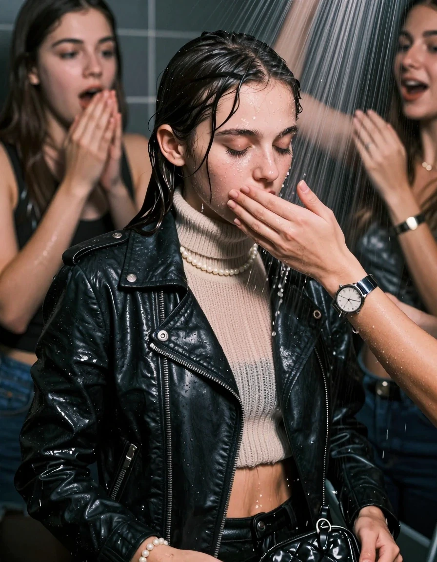 photo of young woman, in soaking wet, drenched clothes,
, , Biker leatherjacket, knit turtleneck sweater belly free, handbag, pearl necklace, bracelet, wristwatch, Orgasm Under the shower, strong jet of water, party room, 
enjoying, wet clothes stuck to body,
detailed textures of the wet clothes, wet face, wet plastered hair,
wet, drenched, professional, high-quality details, full body view.
sharp focus, ultra-high pixel detail, realistic, high-quality, full colors, incredibly detailed, 4k, 8k, 16k, hyper-realistic, RAW photo, masterpiece, ultra-detailed, professionally color graded, professional photograph, Sleek long ponytail with bangs

 15 years old  school girl and her female  friends

Only head and shoulders are over the surface visible. Looking down. Open mouth, closed eyes. Her mouth is covered by her friends Hand.

The girls wear different clothes.

she is completely underwater up to her neck, surprised and astonished expression. 

her clothing is soaking wet and clinging tightly to her skin, showing heavy wet folds, darkened fabric texture, and deep water-saturated Patches, her clothes are heavy from the water, water runs from her body and her clothes in streams. A lot of water also runs out of her clothes. Her clothes are darkened by the water. Her submerged clothes are good visible under the water.  she soaked her handbag into the water.

close up view, wet skin, wet clothes, wet hair, damp fabric, water runs down the clothes, wet skin, wet clothes, damp fabric. cinematic medium shot, hyper-realistic wetness, high-contrast water sheen, sharp focus, 16k resolution, professional photography, realistic water physics., wet skin, wet clothes, damp fabric, wet skin, wet clothes, damp fabric, wet skin, wet clothes, damp fabric, wet skin, wet clothes, damp fabric, wet skin, wet clothes, damp fabric, wet skin, wet clothes, damp fabric, wet skin, wet clothes, damp fabric