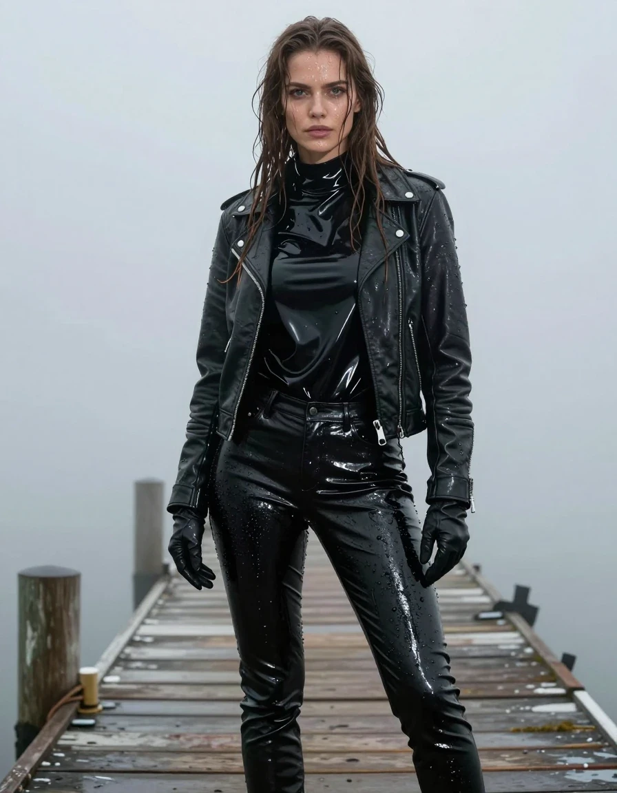 A photorealistic full-body shot of a young adult European woman with long dripping wet brown hair, standing on a wooden pier at the docks in heavy mist. She is wearing an oversize black vinyl polar neck shirt with a high-gloss reflective finish, layered under a black biker leather jacket, and black leather gloves on both hands. She is wearing black leather jeans that are visibly soaked, showing heavy wet folds, deep creases, and a strong glossy sheen from the water. Her skin is drenched with water, with visible rivulets and a realistic wet sheen. The entire outfit is saturated with water, with damp fabric clinging to her frame. The atmosphere is cold and moody with heavy fog obscuring the background. High-resolution, cinematic lighting, 8k, realistic textures, sharp focus, no nudity, fully clothed.