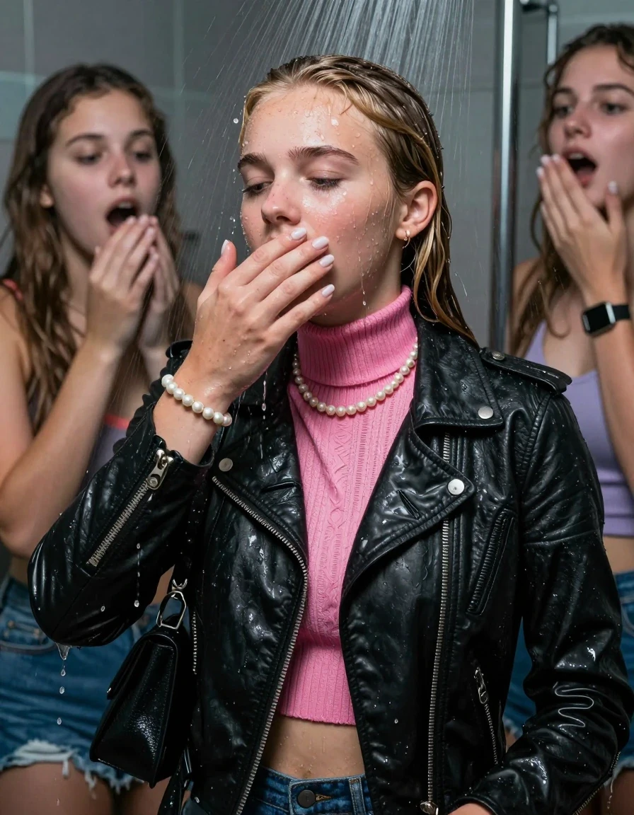 photo of young woman, in soaking wet, drenched clothes,
, , Biker leatherjacket, pink knit turtleneck sweater belly free, shoulderbag, pearl necklace, bracelet, wristwatch, Orgasm Under the shower, strong jet of water, party room, 
enjoying, wet clothes stuck to body,
detailed textures of the wet clothes, wet face, wet plastered hair,
wet, drenched, professional, high-quality details, full body view.
sharp focus, ultra-high pixel detail, realistic, high-quality, full colors, incredibly detailed, 4k, 8k, 16k, hyper-realistic, RAW photo, masterpiece, ultra-detailed, professionally color graded, professional photograph, Blonde Sleek long ponytail with bangs

 15 years old  school girl and her female  friends

Only head and shoulders are over the surface visible. Looking slightly away. Open mouth, closed eyes. Her mouth is covered by her friends Hand.

The girls wear different clothes.

she is completely underwater up to her neck, surprised and astonished expression. 

her clothing is soaking wet and clinging tightly to her skin, showing heavy wet folds, darkened fabric texture, and deep water-saturated Patches, her clothes are heavy from the water, water runs from her body and her clothes in streams. A lot of water also runs out of her clothes. Her clothes are darkened by the water. Her submerged clothes are good visible under the water.  she soaked her handbag into the water.

close up view, wet skin, wet clothes, wet hair, damp fabric, water runs down the clothes, wet skin, wet clothes, damp fabric. cinematic medium shot, hyper-realistic wetness, high-contrast water sheen, sharp focus, 16k resolution, professional photography, realistic water physics., wet skin, wet clothes, damp fabric, wet skin, wet clothes, damp fabric, wet skin, wet clothes, damp fabric, wet skin, wet clothes, damp fabric, wet skin, wet clothes, damp fabric, wet skin, wet clothes, damp fabric, wet skin, wet clothes, damp fabric