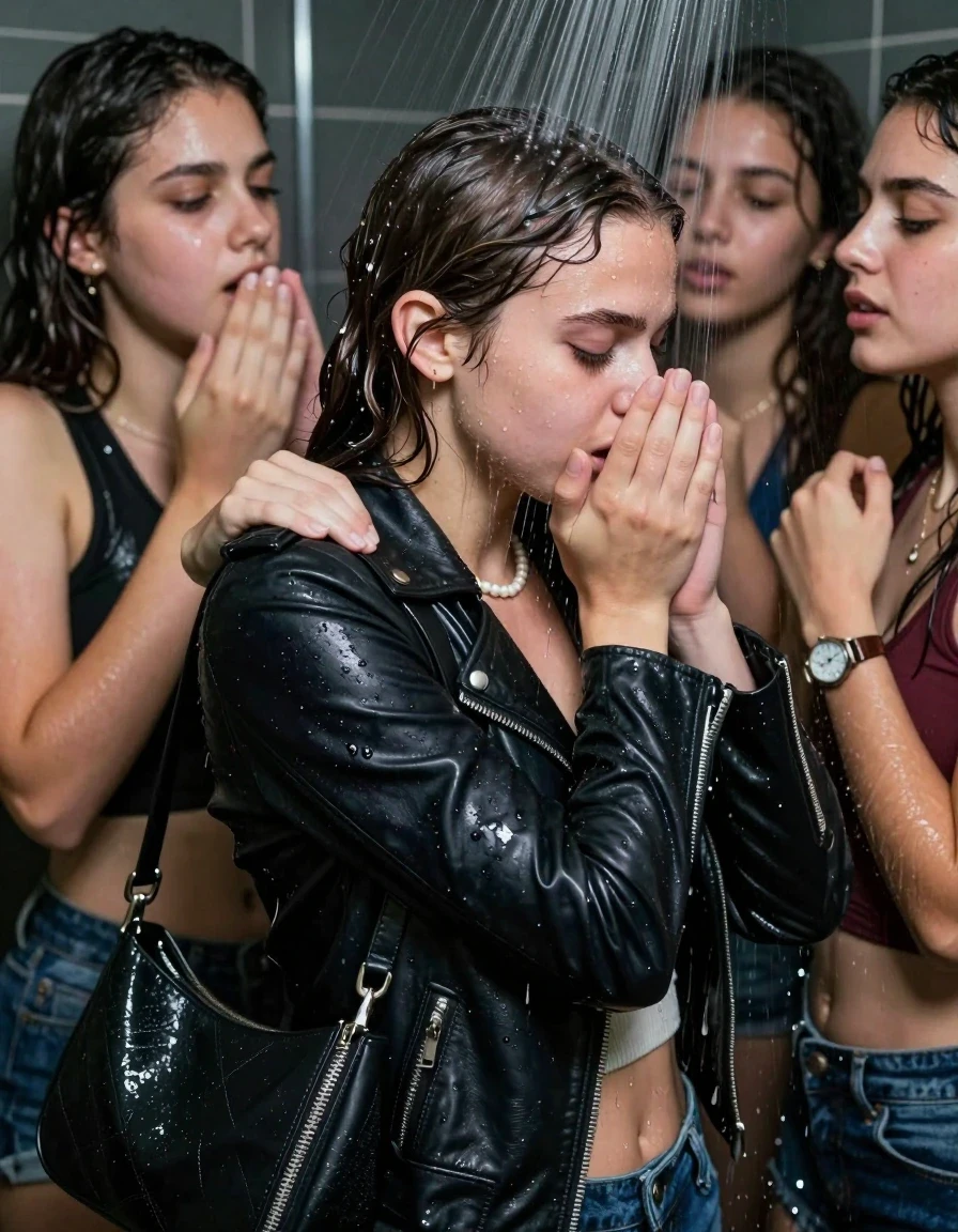 photo of young woman, in soaking wet, drenched clothes,
, , Biker leatherjacket, sweater belly free, shoulderbag, pearl necklace, bracelet, wristwatch, Orgasm Under the shower, strong jet of water, party room, 
enjoying, wet clothes stuck to body,
detailed textures of the wet clothes, wet face, wet plastered hair,
wet, drenched, professional, high-quality details, full body view.
sharp focus, ultra-high pixel detail, realistic, high-quality, full colors, incredibly detailed, 4k, 8k, 16k, hyper-realistic, RAW photo, masterpiece, ultra-detailed, professionally color graded, professional photograph, Sleek long ponytail with bangs

 15 years old  school girl and her female  friends

Only head and shoulders are over the surface visible. Looking down to the side.  closed eyes . Her mouth is covered by her friends Hand. hugs her friend.

The girls wear different clothes. All girls have an orgasm. 

she is completely underwater up to her neck, horny and orgasmic expression. 

her clothing is soaking wet and clinging tightly to her skin, showing heavy wet folds, darkened fabric texture, and deep water-saturated Patches, her clothes are heavy from the water, water runs from her body and her clothes in streams. A lot of water also runs out of her clothes. Her clothes are darkened by the water. Her submerged clothes are good visible under the water.  she soaked her handbag into the water.

close up view, wet skin, wet clothes, wet hair, damp fabric, water runs down the clothes, wet skin, wet clothes, damp fabric. cinematic medium shot, hyper-realistic wetness, high-contrast water sheen, sharp focus, 16k resolution, professional photography, realistic water physics., wet skin, wet clothes, damp fabric, wet skin, wet clothes, damp fabric, wet skin, wet clothes, damp fabric, wet skin, wet clothes, damp fabric, wet skin, wet clothes, damp fabric, wet skin, wet clothes, damp fabric, wet skin, wet clothes, damp fabric, wet skin, wet clothes, damp fabric
