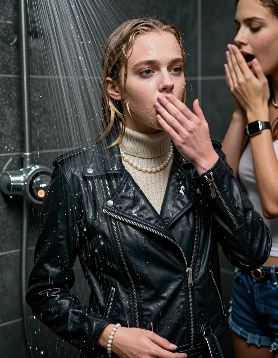 photo of young woman, in soaking wet, drenched clothes,
, , Biker leatherjacket, knit turtleneck sweater belly free, handbag, pearl necklace, bracelet, wristwatch, Under the shower, strong jet of water, party room, 
enjoying, wet clothes stuck to body,
detailed textures of the wet clothes, wet face, wet plastered hair,
wet, drenched, professional, high-quality details, full body view.
sharp focus, ultra-high pixel detail, realistic, high-quality, full colors, incredibly detailed, 4k, 8k, 16k, hyper-realistic, RAW photo, masterpiece, ultra-detailed, professionally color graded, professional photograph, Sleek Blonde Collarbone bob

 15 years old  school girl and her friend

Only head and shoulders are over the surface visible. One Hand Covers her friends mouth.

The girls wear different clothes.

she is completely underwater up to her neck, surprised and astonished expression. 

her clothing is soaking wet and clinging tightly to her skin, showing heavy wet folds, darkened fabric texture, and deep water-saturated Patches, her clothes are heavy from the water, water runs from her body and her clothes in streams. A lot of water also runs out of her clothes. Her clothes are darkened by the water. Her submerged clothes are good visible under the water.  she soaked her handbag into the water.

close up view, wet skin, wet clothes, wet hair, damp fabric, water runs down the clothes, wet skin, wet clothes, damp fabric. cinematic medium shot, hyper-realistic wetness, high-contrast water sheen, sharp focus, 16k resolution, professional photography, realistic water physics., wet skin, wet clothes, damp fabric, wet skin, wet clothes, damp fabric, wet skin, wet clothes, damp fabric, wet skin, wet clothes, damp fabric, wet skin, wet clothes, damp fabric, wet skin, wet clothes, damp fabric