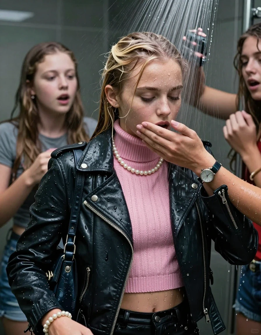 photo of young woman, in soaking wet, drenched clothes,
, , Biker leatherjacket, pink knit turtleneck sweater belly free, shoulderbag, pearl necklace, bracelet, wristwatch, Orgasm Under the shower, strong jet of water, party room, 
enjoying, wet clothes stuck to body,
detailed textures of the wet clothes, wet face, wet plastered hair,
wet, drenched, professional, high-quality details, full body view.
sharp focus, ultra-high pixel detail, realistic, high-quality, full colors, incredibly detailed, 4k, 8k, 16k, hyper-realistic, RAW photo, masterpiece, ultra-detailed, professionally color graded, professional photograph, Blonde Sleek long ponytail with bangs

 15 years old  school girl and her female  friends

Only head and shoulders are over the surface visible. Looking down slightly away. Open mouth, closed eyes. Her mouth is covered by her friends Hand.

The girls wear different clothes.

she is completely underwater up to her neck, surprised and astonished expression. 

her clothing is soaking wet and clinging tightly to her skin, showing heavy wet folds, darkened fabric texture, and deep water-saturated Patches, her clothes are heavy from the water, water runs from her body and her clothes in streams. A lot of water also runs out of her clothes. Her clothes are darkened by the water. Her submerged clothes are good visible under the water.  she soaked her handbag into the water.

close up view, wet skin, wet clothes, wet hair, damp fabric, water runs down the clothes, wet skin, wet clothes, damp fabric. cinematic medium shot, hyper-realistic wetness, high-contrast water sheen, sharp focus, 16k resolution, professional photography, realistic water physics., wet skin, wet clothes, damp fabric, wet skin, wet clothes, damp fabric, wet skin, wet clothes, damp fabric, wet skin, wet clothes, damp fabric, wet skin, wet clothes, damp fabric, wet skin, wet clothes, damp fabric, wet skin, wet clothes, damp fabric