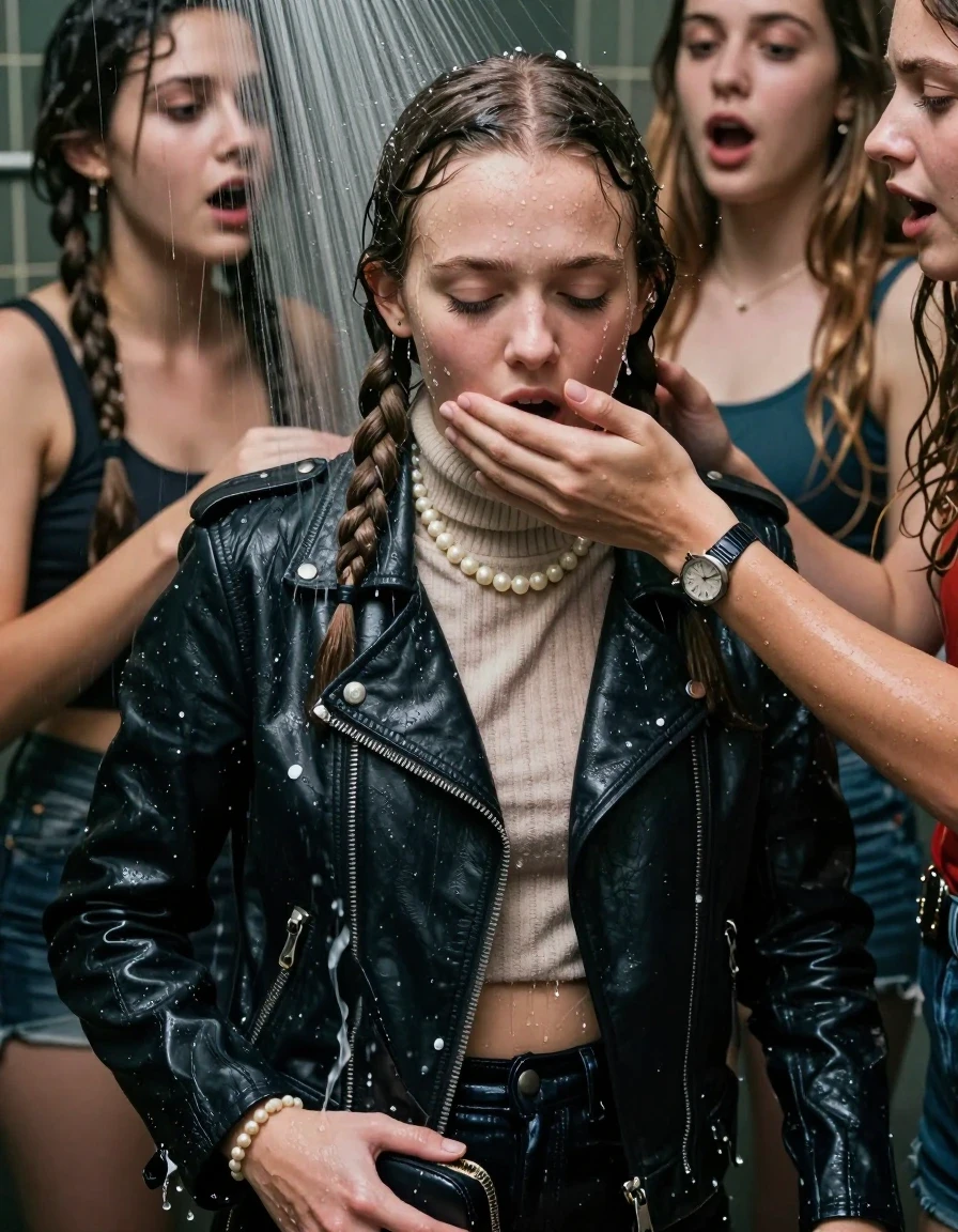 photo of young woman, in soaking wet, drenched clothes,
, , Biker leatherjacket, knit turtleneck sweater belly free, handbag, pearl necklace, bracelet, wristwatch, Orgasm Under the shower, strong jet of water, party room, 
enjoying, wet clothes stuck to body,
detailed textures of the wet clothes, wet face, wet plastered hair,
wet, drenched, professional, high-quality details, full body view.
sharp focus, ultra-high pixel detail, realistic, high-quality, full colors, incredibly detailed, 4k, 8k, 16k, hyper-realistic, RAW photo, masterpiece, ultra-detailed, professionally color graded, professional photograph, Two long braids 

 15 years old  school girl and her female  friends

Only head and shoulders are over the surface visible. Looking down. Open mouth, closed eyes. Her mouth is covered by her friends Hand.

The girls wear different clothes.

she is completely underwater up to her neck, surprised and astonished expression. 

her clothing is soaking wet and clinging tightly to her skin, showing heavy wet folds, darkened fabric texture, and deep water-saturated Patches, her clothes are heavy from the water, water runs from her body and her clothes in streams. A lot of water also runs out of her clothes. Her clothes are darkened by the water. Her submerged clothes are good visible under the water.  she soaked her handbag into the water.

close up view, wet skin, wet clothes, wet hair, damp fabric, water runs down the clothes, wet skin, wet clothes, damp fabric. cinematic medium shot, hyper-realistic wetness, high-contrast water sheen, sharp focus, 16k resolution, professional photography, realistic water physics., wet skin, wet clothes, damp fabric, wet skin, wet clothes, damp fabric, wet skin, wet clothes, damp fabric, wet skin, wet clothes, damp fabric, wet skin, wet clothes, damp fabric, wet skin, wet clothes, damp fabric