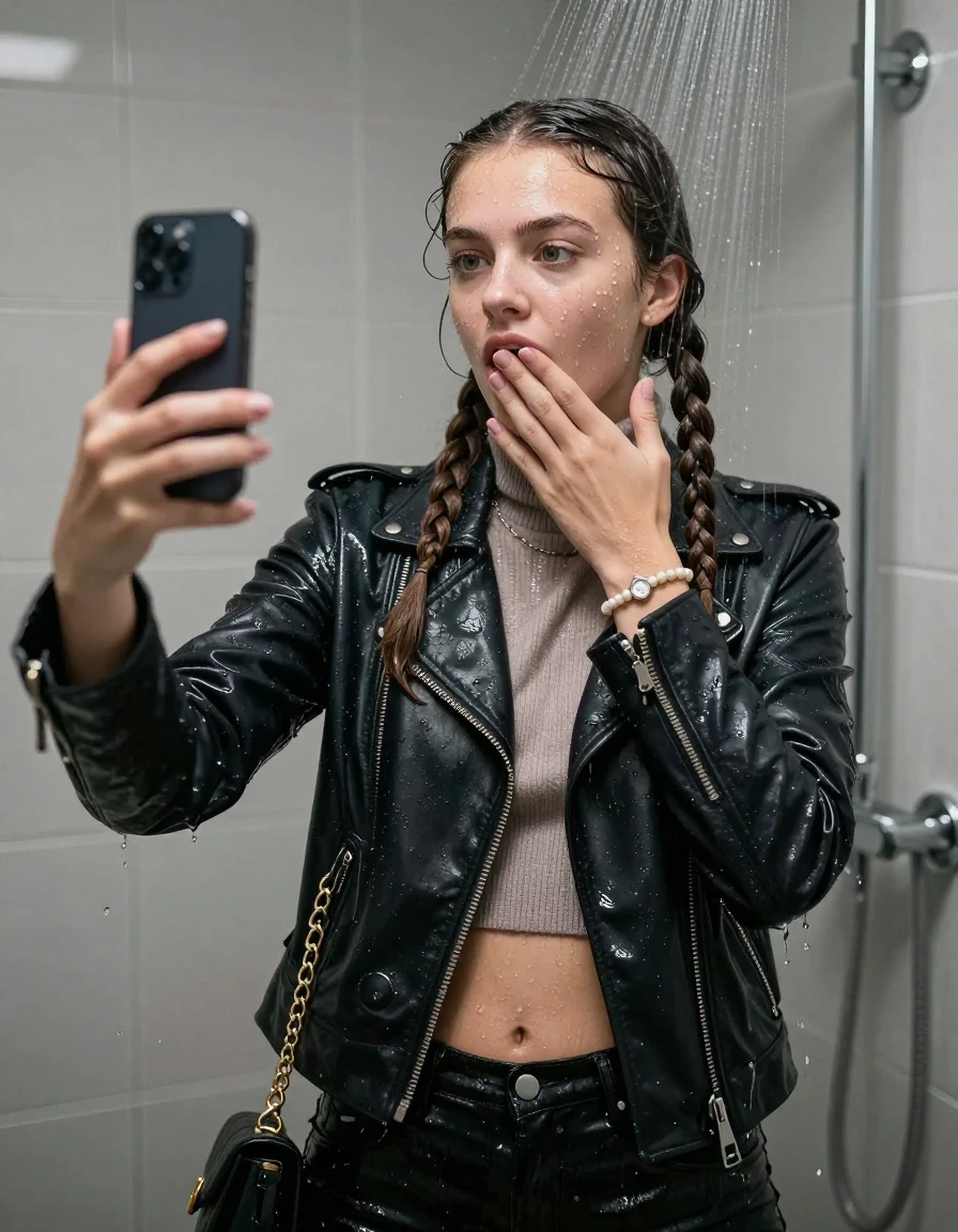 photo of young woman, in soaking wet, drenched clothes,
, , Biker leatherjacket, knit turtleneck sweater belly free, handbag, pearl necklace, bracelet, wristwatch, Under the shower, strong jet of water, in modern bathroom, 
enjoying, wet clothes stuck to body,
detailed textures of the wet clothes, wet face, wet plastered hair,
wet, drenched, professional, high-quality details, full body view.
sharp focus, ultra-high pixel detail, realistic, high-quality, full colors, incredibly detailed, 4k, 8k, 16k, hyper-realistic, RAW photo, masterpiece, ultra-detailed, professionally color graded, professional photograph, 15 years old  school girl and her friends. Completely soaked to the Skin.

Two long braids. 
Open mouth, big eyes. Looking down. One Hand over her mouth. Take a Selfie with her Smartphone.

The girls wear different clothes.

she is completely underwater up to her neck, surprised and astonished expression. 

her clothing is soaking wet and clinging tightly to her skin, showing heavy wet folds, darkened fabric texture, and deep water-saturated Patches, her clothes are heavy from the water, water runs from her body and her clothes in streams. A lot of water also runs out of her clothes. Her clothes are darkened by the water. Her submerged clothes are good visible under the water.  she soaked her handbag into the water.

close up view, wet skin, wet clothes, wet hair, damp fabric, water runs down the clothes, wet skin, wet clothes, damp fabric. cinematic medium shot, hyper-realistic wetness, high-contrast water sheen, sharp focus, 16k resolution, professional photography, realistic water physics., wet skin, wet clothes, damp fabric, wet skin, wet clothes, damp fabric, wet skin, wet clothes, damp fabric, wet skin, wet clothes, damp fabric, wet skin, wet clothes, damp fabric, wet skin, wet clothes, damp fabric, wet skin, wet clothes, damp fabric, wet skin, wet clothes, damp fabric, wet skin, wet clothes, damp fabric