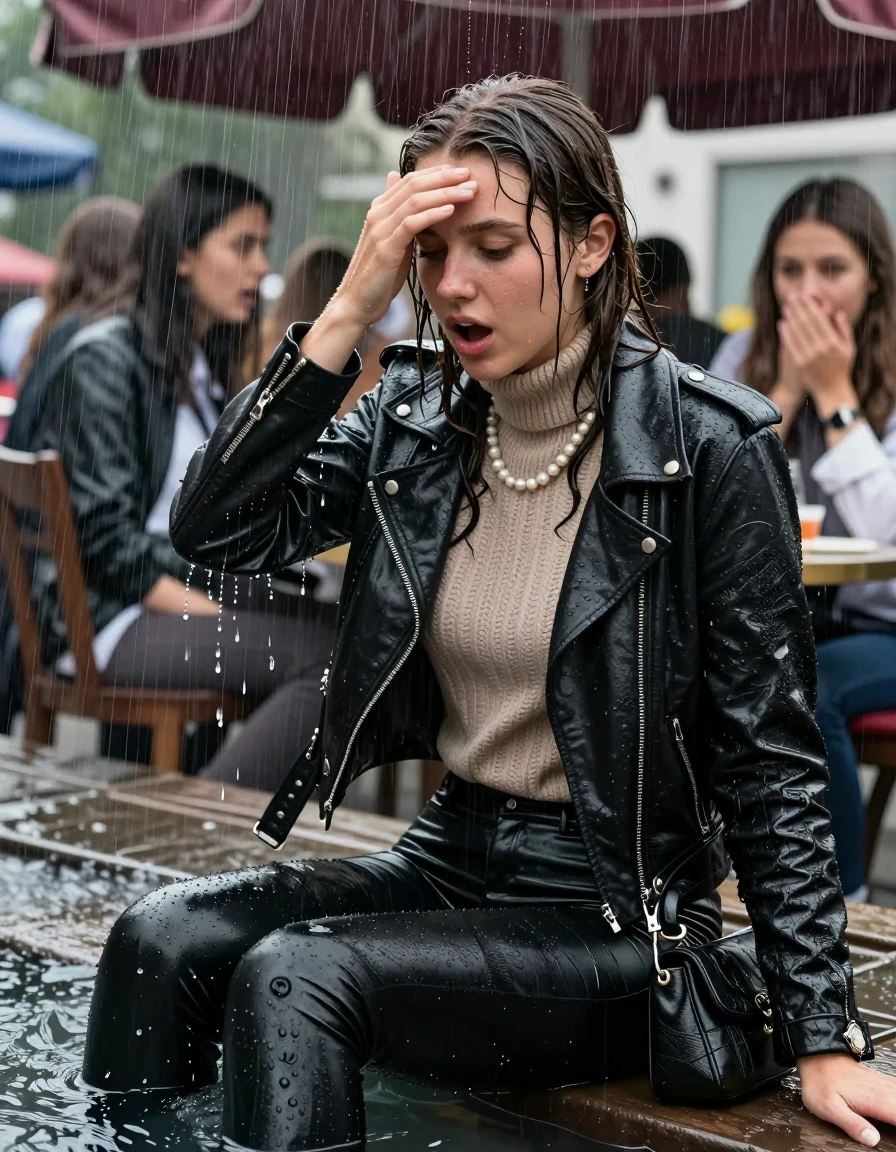 photo of young woman, in soaking wet, drenched clothes,
, Black leatherleggings , Biker leatherjacket, knit turtleneck sweater belly free, handbag, pearl necklace, bracelet, wristwatch, Sitting Under a flood of water from the canopy of an outdoor restaurant during extremely heavy rain, 
enjoying, wet clothes stuck to body,
detailed textures of the wet clothes, wet face, wet plastered hair,
wet, drenched, professional, high-quality details, full body view.
sharp focus, ultra-high pixel detail, realistic, high-quality, full colors, incredibly detailed, 4k, 8k, 16k, hyper-realistic, RAW photo, masterpiece, ultra-detailed, professionally color graded, professional photograph, 15 years old  school girl and her friends. Completely soaked to the Skin.

Open mouth, hands on her forehead, looking down. One Hand Covers her friends mouth. 

The girls wear different clothes.

she is completely underwater up to her neck, surprised and astonished expression. 

her clothing is soaking wet and clinging tightly to her skin, showing heavy wet folds, darkened fabric texture, and deep water-saturated Patches, her clothes are heavy from the water, water runs from her body and her clothes in streams. A lot of water also runs out of her clothes. Her clothes are darkened by the water. Her submerged clothes are good visible under the water.  she soaked her handbag into the water.

close up view, wet skin, wet clothes, wet hair, damp fabric, water runs down the clothes, wet skin, wet clothes, damp fabric. cinematic medium shot, hyper-realistic wetness, high-contrast water sheen, sharp focus, 16k resolution, professional photography, realistic water physics., wet skin, wet clothes, damp fabric, wet skin, wet clothes, damp fabric, wet skin, wet clothes, damp fabric, wet skin, wet clothes, damp fabric, wet skin, wet clothes, damp fabric, wet skin, wet clothes, damp fabric, wet skin, wet clothes, damp fabric, wet skin, wet clothes, damp fabric
