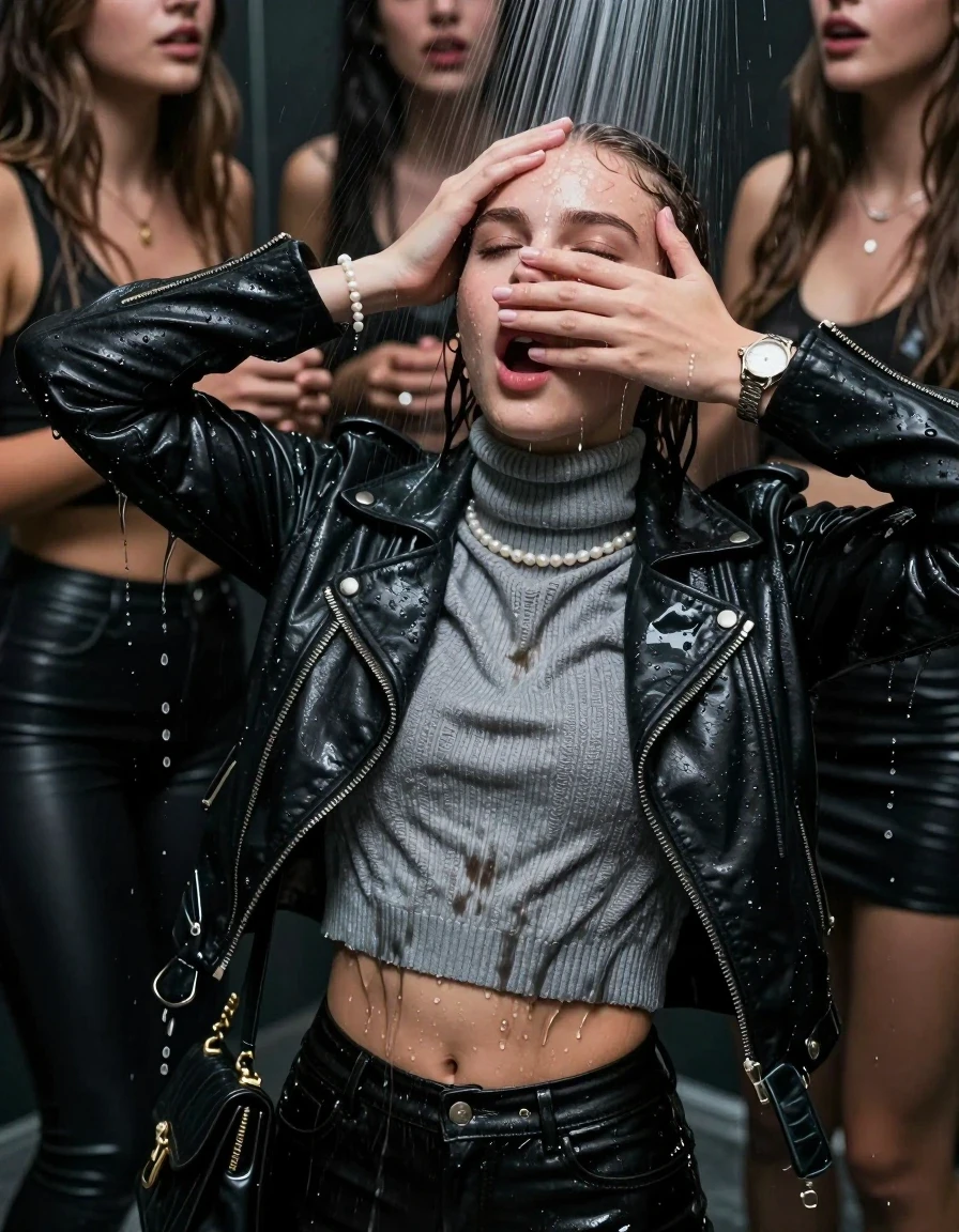 photo of young woman, in soaking wet, drenched clothes,
, Black leatherleggings , Biker leatherjacket, grey knit turtleneck sweater belly free, handbag, pearl necklace, bracelet, wristwatch, Orgasm Under the shower, strong jet of water, at a Night Club , 
enjoying, wet clothes stuck to body,
detailed textures of the wet clothes, wet face, wet plastered hair,
wet, drenched, professional, high-quality details, full body view.
sharp focus, ultra-high pixel detail, realistic, high-quality, full colors, incredibly detailed, 4k, 8k, 16k, hyper-realistic, RAW photo, masterpiece, ultra-detailed, professionally color graded, professional photograph, Topknot

 15 years old  school girl and her female  friends

Only head and shoulders are over the surface visible. Looking up. Open mouth, closed eyes. Hands on her forehead. Her mouth is covered by her friends Hand.

The girls wear different clothes.

she is completely underwater up to her neck, surprised and astonished expression. 

her clothing is soaking wet and clinging tightly to her skin, showing heavy wet folds, darkened fabric texture, and deep water-saturated Patches, her clothes are heavy from the water, water runs from her body and her clothes in streams. A lot of water also runs out of her clothes. Her clothes are darkened by the water. Her submerged clothes are good visible under the water.  she soaked her handbag into the water.

close up view, wet skin, wet clothes, wet hair, damp fabric, water runs down the clothes, wet skin, wet clothes, damp fabric. cinematic medium shot, hyper-realistic wetness, high-contrast water sheen, sharp focus, 16k resolution, professional photography, realistic water physics., wet skin, wet clothes, damp fabric, wet skin, wet clothes, damp fabric, wet skin, wet clothes, damp fabric, wet skin, wet clothes, damp fabric, wet skin, wet clothes, damp fabric, wet skin, wet clothes, damp fabric