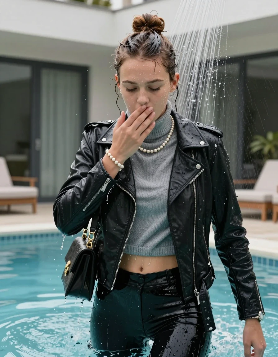 photo of young woman, in soaking wet, drenched clothes,
, Black leatherleggings , Biker leatherjacket, grey knit turtleneck sweater belly free, handbag, pearl necklace, bracelet, wristwatch, Orgasm Under the shower, strong jet of water, near indoor pool of a modern villa, 
enjoying, wet clothes stuck to body,
detailed textures of the wet clothes, wet face, wet plastered hair,
wet, drenched, professional, high-quality details, full body view.
sharp focus, ultra-high pixel detail, realistic, high-quality, full colors, incredibly detailed, 4k, 8k, 16k, hyper-realistic, RAW photo, masterpiece, ultra-detailed, professionally color graded, professional photograph, Topknot

 15 years old  school girl and her female  friends

Only head and shoulders are over the surface visible. Looking down. Open mouth, closed eyes. Her mouth is covered by her friends Hand.

The girls wear different clothes.

she is completely underwater up to her neck, surprised and astonished expression. 

her clothing is soaking wet and clinging tightly to her skin, showing heavy wet folds, darkened fabric texture, and deep water-saturated Patches, her clothes are heavy from the water, water runs from her body and her clothes in streams. A lot of water also runs out of her clothes. Her clothes are darkened by the water. Her submerged clothes are good visible under the water.  she soaked her handbag into the water.

close up view, wet skin, wet clothes, wet hair, damp fabric, water runs down the clothes, wet skin, wet clothes, damp fabric. cinematic medium shot, hyper-realistic wetness, high-contrast water sheen, sharp focus, 16k resolution, professional photography, realistic water physics., wet skin, wet clothes, damp fabric, wet skin, wet clothes, damp fabric, wet skin, wet clothes, damp fabric, wet skin, wet clothes, damp fabric, wet skin, wet clothes, damp fabric, wet skin, wet clothes, damp fabric