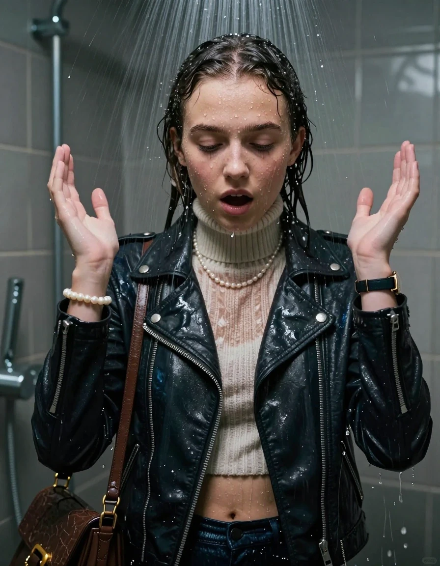 photo of young woman, in soaking wet, drenched clothes,
, , Biker leatherjacket, knit turtleneck sweater belly free, handbag, pearl necklace, bracelet, wristwatch, Under the shower, strong jet of water, party room, 
enjoying, wet clothes stuck to body,
detailed textures of the wet clothes, wet face, wet plastered hair,
wet, drenched, professional, high-quality details, full body view.
sharp focus, ultra-high pixel detail, realistic, high-quality, full colors, incredibly detailed, 4k, 8k, 16k, hyper-realistic, RAW photo, masterpiece, ultra-detailed, professionally color graded, professional photograph, Collarbone bob

 15 years old  school girl

Only head and shoulders are over the surface visible. Open mouth, closed eyes. Looking down. Hands up.

The girls wear different clothes.

she is completely underwater up to her neck, surprised and astonished expression. 

her clothing is soaking wet and clinging tightly to her skin, showing heavy wet folds, darkened fabric texture, and deep water-saturated Patches, her clothes are heavy from the water, water runs from her body and her clothes in streams. A lot of water also runs out of her clothes. Her clothes are darkened by the water. Her submerged clothes are good visible under the water.  she soaked her handbag into the water.

close up view, wet skin, wet clothes, wet hair, damp fabric, water runs down the clothes, wet skin, wet clothes, damp fabric. cinematic medium shot, hyper-realistic wetness, high-contrast water sheen, sharp focus, 16k resolution, professional photography, realistic water physics., wet skin, wet clothes, damp fabric, wet skin, wet clothes, damp fabric, wet skin, wet clothes, damp fabric, wet skin, wet clothes, damp fabric, wet skin, wet clothes, damp fabric