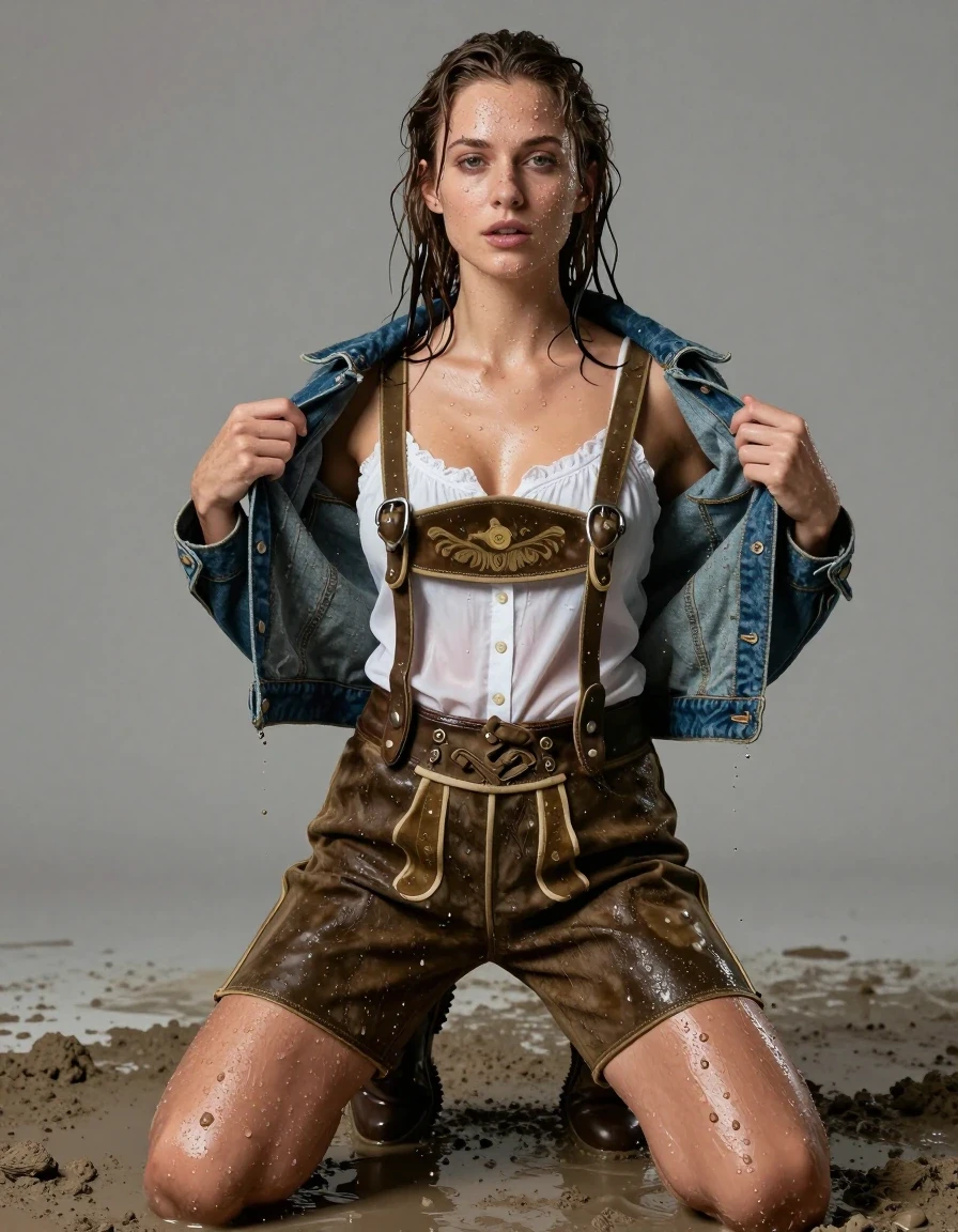 photo of young woman, in soaking wet, drenched clothes,
Lederhose, Jeansjacke offenes jeanshemd, , 
enjoying, wet clothes stuck to body,
detailed textures of the wet clothes, wet face, wet plastered hair,
wet, drenched, professional, high-quality details, full body view.
sharp focus, ultra-high pixel detail, realistic, high-quality, full colors, incredibly detailed, 4k, 8k, 16k, hyper-realistic, RAW photo, masterpiece, ultra-detailed, professionally color graded, professional photograph, Schlamm liegen, wet skin, wet clothes, damp fabric