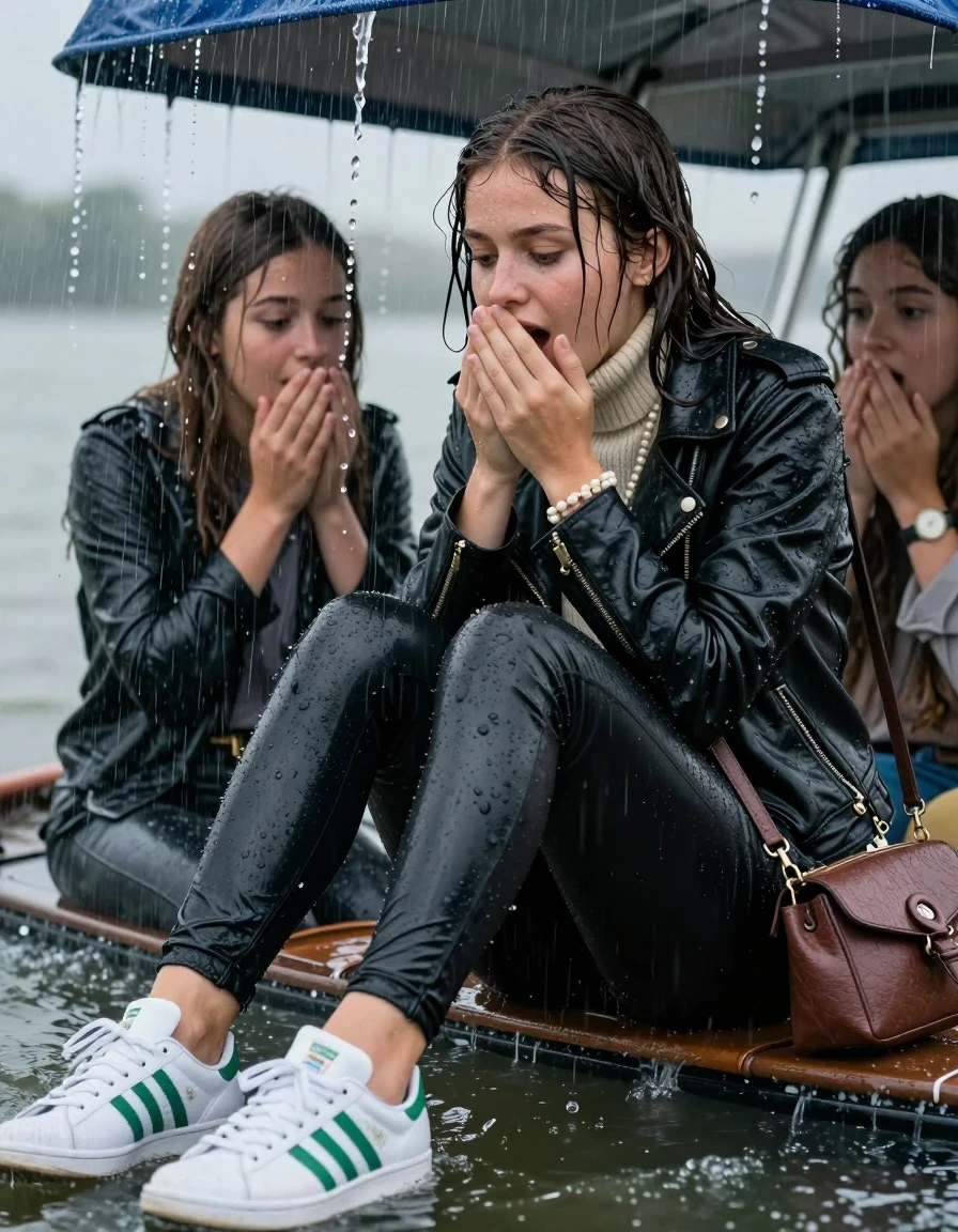 photo of young woman, in soaking wet, drenched clothes,
White sneakers Adidas green Stan Smith , Black leatherleggings , Biker leatherjacket, knit turtleneck sweater belly free, handbag, pearl necklace, bracelet, wristwatch, Sitting Under a flood of water from the canopy of a sinking boat during extremely heavy rain, 
enjoying, wet clothes stuck to body,
detailed textures of the wet clothes, wet face, wet plastered hair,
wet, drenched, professional, high-quality details, full body view.
sharp focus, ultra-high pixel detail, realistic, high-quality, full colors, incredibly detailed, 4k, 8k, 16k, hyper-realistic, RAW photo, masterpiece, ultra-detailed, professionally color graded, professional photograph, 15 years old teenage girl and her friends. Completely soaked to the Skin.

Open mouth, hands on her mouth, looking down. One Hand Covers her friends mouth. 

The girls wear different clothes.

she is completely underwater up to her neck, surprised and astonished expression. 

her clothing is soaking wet and clinging tightly to her skin, showing heavy wet folds, darkened fabric texture, and deep water-saturated Patches, her clothes are heavy from the water, water runs from her body and her clothes in streams. A lot of water also runs out of her clothes. Her clothes are darkened by the water. Her submerged clothes are good visible under the water.  she soaked her handbag into the water.

close up view, wet skin, wet clothes, wet hair, damp fabric, water runs down the clothes, wet skin, wet clothes, damp fabric. cinematic medium shot, hyper-realistic wetness, high-contrast water sheen, sharp focus, 16k resolution, professional photography, realistic water physics., wet skin, wet clothes, damp fabric, wet skin, wet clothes, damp fabric, wet skin, wet clothes, damp fabric, wet skin, wet clothes, damp fabric, wet skin, wet clothes, damp fabric, wet skin, wet clothes, damp fabric, wet skin, wet clothes, damp fabric, wet skin, wet clothes, damp fabric, wet skin, wet clothes, damp fabric
