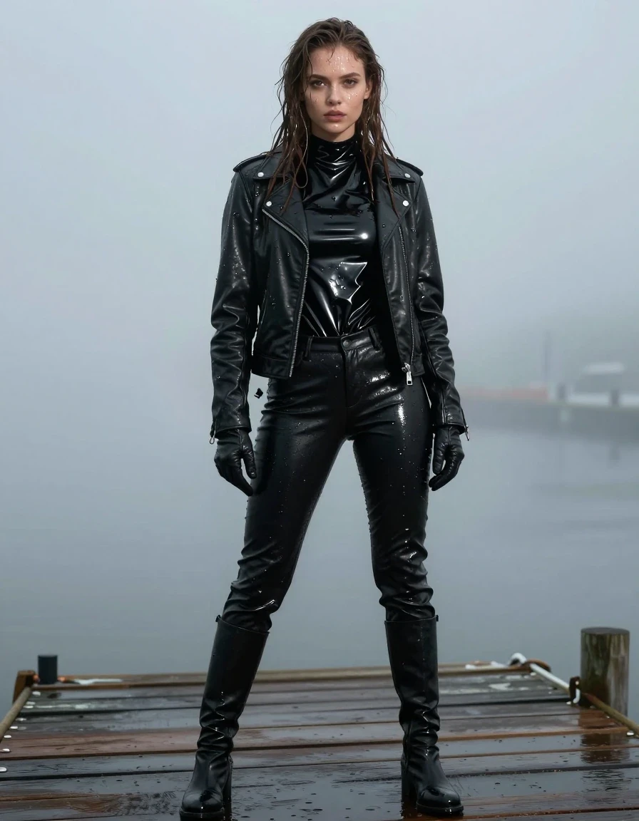 A stunning young adult European woman with long, dripping wet brown hair, standing on a wooden pier at the docks during a heavy, atmospheric mist. She is wearing an oversize black vinyl polar neck shirt with a high-gloss wet finish, layered under a black biker-style leather jacket, and black leather jeans that cling to her legs with realistic weight and dark, soaked texture. She is wearing black leather knee-high boots and black leather gloves on both hands. The woman's skin is visibly drenched, with water sheen, droplets, and dampness clinging to her face and arms. The clothing is heavily soaked, with dark, saturated fabric, deep wet folds, and dramatic specular reflections from the mist-filled environment. The scene is captured in high-detail photorealism with moody, diffused lighting reflecting off the wet surfaces. Full-body portrait, sharp focus, cinematic composition, no nudity, clean anatomy.