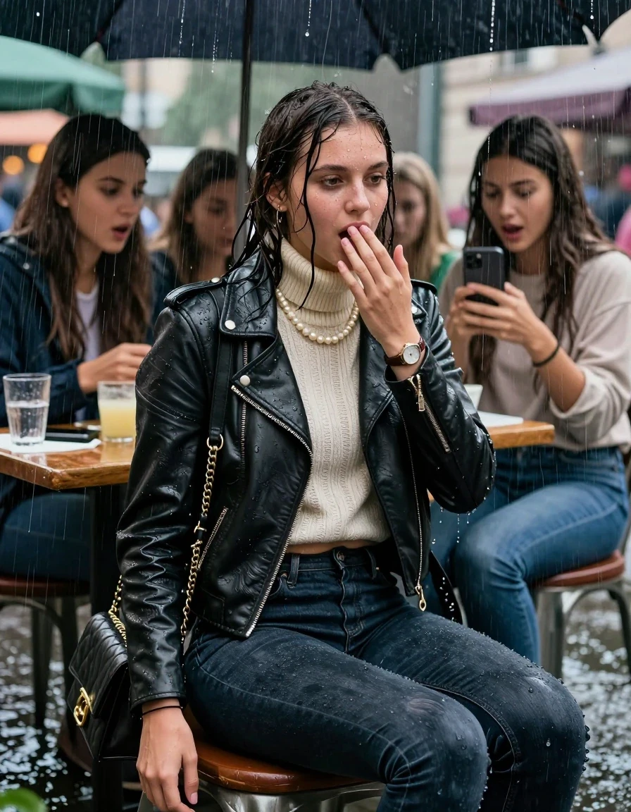 photo of young woman, in soaking wet, drenched clothes,
, Tight skinny jeans, Biker leatherjacket, knit turtleneck sweater belly free, handbag, pearl necklace, bracelet, wristwatch, Sitting Under a flood of water from the canopy of an outdoor restaurant during extremely heavy rain, 
enjoying, wet clothes stuck to body,
detailed textures of the wet clothes, wet face, wet plastered hair,
wet, drenched, professional, high-quality details, full body view.
sharp focus, ultra-high pixel detail, realistic, high-quality, full colors, incredibly detailed, 4k, 8k, 16k, hyper-realistic, RAW photo, masterpiece, ultra-detailed, professionally color graded, professional photograph, 15 years old  school girl and her friends. Completely soaked to the Skin.

Open mouth, hands down, looking slightly away. One Hand Covers her mouth. Take a Selfie with her smartphone. 

The girls wear different clothes.

she is completely underwater up to her neck, surprised and astonished expression. 

her clothing is soaking wet and clinging tightly to her skin, showing heavy wet folds, darkened fabric texture, and deep water-saturated Patches, her clothes are heavy from the water, water runs from her body and her clothes in streams. A lot of water also runs out of her clothes. Her clothes are darkened by the water. Her submerged clothes are good visible under the water.  she soaked her handbag into the water.

close up view, wet skin, wet clothes, wet hair, damp fabric, water runs down the clothes, wet skin, wet clothes, damp fabric. cinematic medium shot, hyper-realistic wetness, high-contrast water sheen, sharp focus, 16k resolution, professional photography, realistic water physics., wet skin, wet clothes, damp fabric, wet skin, wet clothes, damp fabric, wet skin, wet clothes, damp fabric, wet skin, wet clothes, damp fabric, wet skin, wet clothes, damp fabric, wet skin, wet clothes, damp fabric, wet skin, wet clothes, damp fabric, wet skin, wet clothes, damp fabric, wet skin, wet clothes, damp fabric