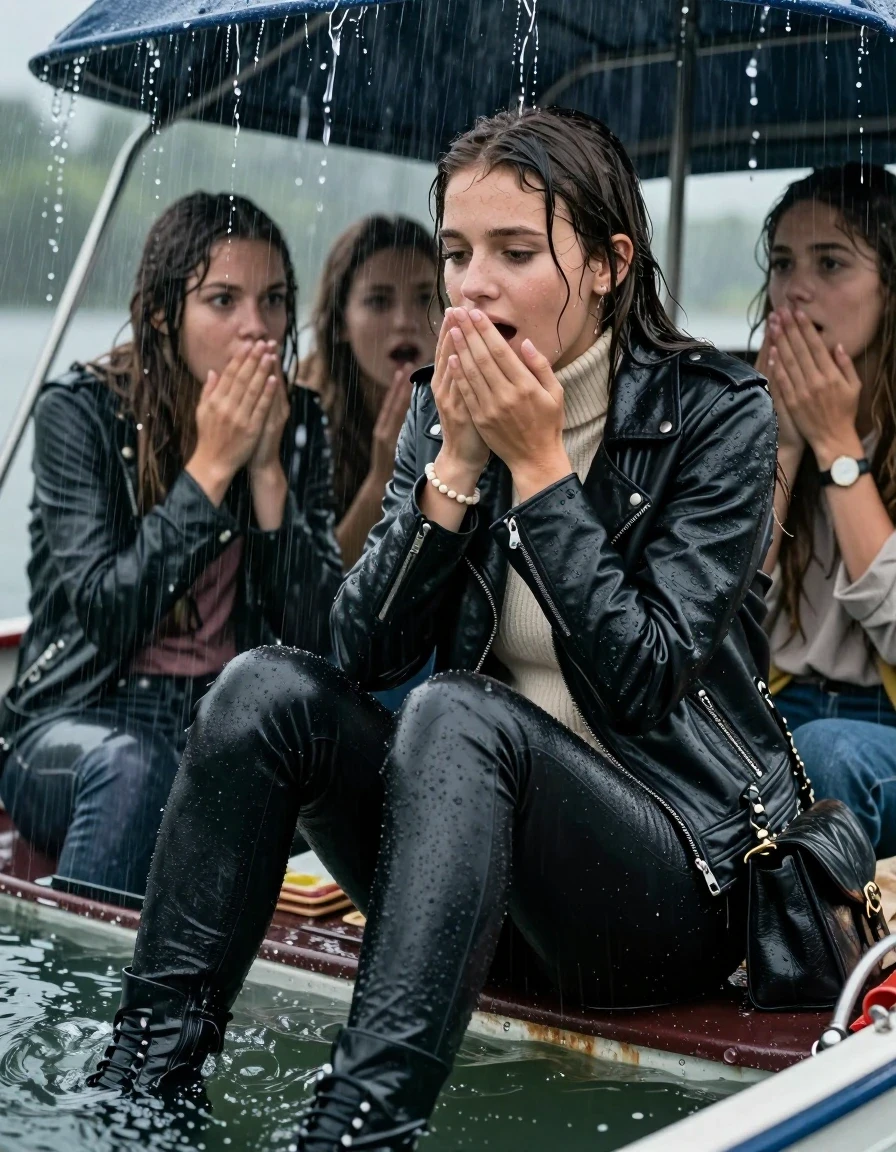 photo of young woman, in soaking wet, drenched clothes,
Ankle boots, Black leatherleggings , Biker leatherjacket, knit turtleneck sweater belly free, handbag, pearl necklace, bracelet, wristwatch, Sitting Under a flood of water from the canopy of a sinking boat during extremely heavy rain, 
enjoying, wet clothes stuck to body,
detailed textures of the wet clothes, wet face, wet plastered hair,
wet, drenched, professional, high-quality details, full body view.
sharp focus, ultra-high pixel detail, realistic, high-quality, full colors, incredibly detailed, 4k, 8k, 16k, hyper-realistic, RAW photo, masterpiece, ultra-detailed, professionally color graded, professional photograph, 15 years old teenage girl and her friends. Completely soaked to the Skin.

Open mouth, hands on her mouth, looking down. One Hand Covers her friends mouth. 

The girls wear different clothes.

she is completely underwater up to her neck, surprised and astonished expression. 

her clothing is soaking wet and clinging tightly to her skin, showing heavy wet folds, darkened fabric texture, and deep water-saturated Patches, her clothes are heavy from the water, water runs from her body and her clothes in streams. A lot of water also runs out of her clothes. Her clothes are darkened by the water. Her submerged clothes are good visible under the water.  she soaked her handbag into the water.

close up view, wet skin, wet clothes, wet hair, damp fabric, water runs down the clothes, wet skin, wet clothes, damp fabric. cinematic medium shot, hyper-realistic wetness, high-contrast water sheen, sharp focus, 16k resolution, professional photography, realistic water physics., wet skin, wet clothes, damp fabric, wet skin, wet clothes, damp fabric, wet skin, wet clothes, damp fabric, wet skin, wet clothes, damp fabric, wet skin, wet clothes, damp fabric, wet skin, wet clothes, damp fabric, wet skin, wet clothes, damp fabric, wet skin, wet clothes, damp fabric, wet skin, wet clothes, damp fabric