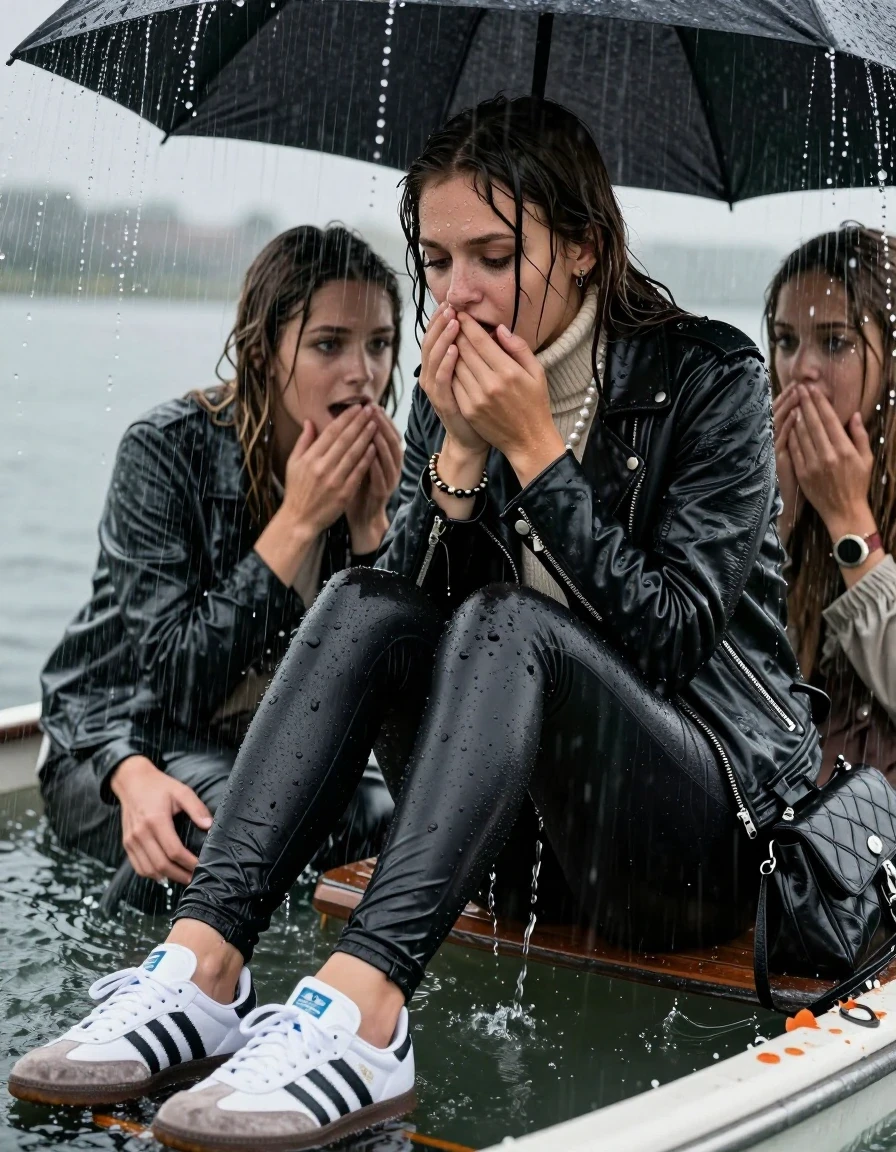 photo of young woman, in soaking wet, drenched clothes,
White sneakers Adidas Samba black striped, Black leatherleggings , Biker leatherjacket, knit turtleneck sweater belly free, handbag, pearl necklace, bracelet, wristwatch, Sitting Under a flood of water from the canopy of a sinking boat during extremely heavy rain, 
enjoying, wet clothes stuck to body,
detailed textures of the wet clothes, wet face, wet plastered hair,
wet, drenched, professional, high-quality details, full body view.
sharp focus, ultra-high pixel detail, realistic, high-quality, full colors, incredibly detailed, 4k, 8k, 16k, hyper-realistic, RAW photo, masterpiece, ultra-detailed, professionally color graded, professional photograph, 15 years old teenage girl and her friends. Completely soaked to the Skin.

Open mouth, hands on her mouth, looking down. One Hand Covers her friends mouth. 

The girls wear different clothes.

she is completely underwater up to her neck, surprised and astonished expression. 

her clothing is soaking wet and clinging tightly to her skin, showing heavy wet folds, darkened fabric texture, and deep water-saturated Patches, her clothes are heavy from the water, water runs from her body and her clothes in streams. A lot of water also runs out of her clothes. Her clothes are darkened by the water. Her submerged clothes are good visible under the water.  she soaked her handbag into the water.

close up view, wet skin, wet clothes, wet hair, damp fabric, water runs down the clothes, wet skin, wet clothes, damp fabric. cinematic medium shot, hyper-realistic wetness, high-contrast water sheen, sharp focus, 16k resolution, professional photography, realistic water physics., wet skin, wet clothes, damp fabric, wet skin, wet clothes, damp fabric, wet skin, wet clothes, damp fabric, wet skin, wet clothes, damp fabric, wet skin, wet clothes, damp fabric, wet skin, wet clothes, damp fabric, wet skin, wet clothes, damp fabric, wet skin, wet clothes, damp fabric, wet skin, wet clothes, damp fabric