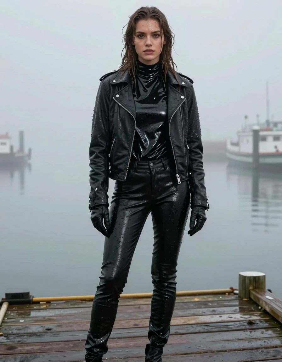 A stunning young adult European woman with long, dripping wet brown hair, standing on a wooden pier at the docks during a heavy, atmospheric mist. She is wearing an oversized black vinyl turtleneck shirt with a high-gloss, reflective wet sheen, layered under a rugged black biker's leather jacket. She wears tight black leather jeans that are visibly soaked, clinging to her legs with heavy wet folds, dark saturated patches, and strong specular reflections on the seams and creases. Her hands are covered in form-fitting black leather gloves. Her skin is drenched with visible water droplets and a glistening wet sheen. The entire outfit is heavy with moisture, showing realistic damp fabric textures and clinging silhouettes. The scene is captured with photorealistic detail, emphasizing the contrast between the dark, wet materials and the diffused, moody lighting of the misty harbor environment. Full-body shot, cinematic composition, high-contrast wet textures, realistic water saturation, no nudity, clean anatomy.